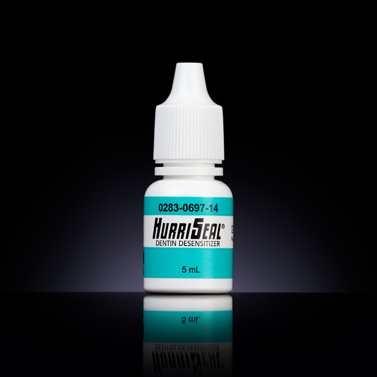 A single 5 mL bottle of HurriSeal Dentin Desensitizer is displayed upright against a dramatic black background with soft lighting, highlighting the teal and white label. The reflective surface adds a sleek and professional look to the product presentation.