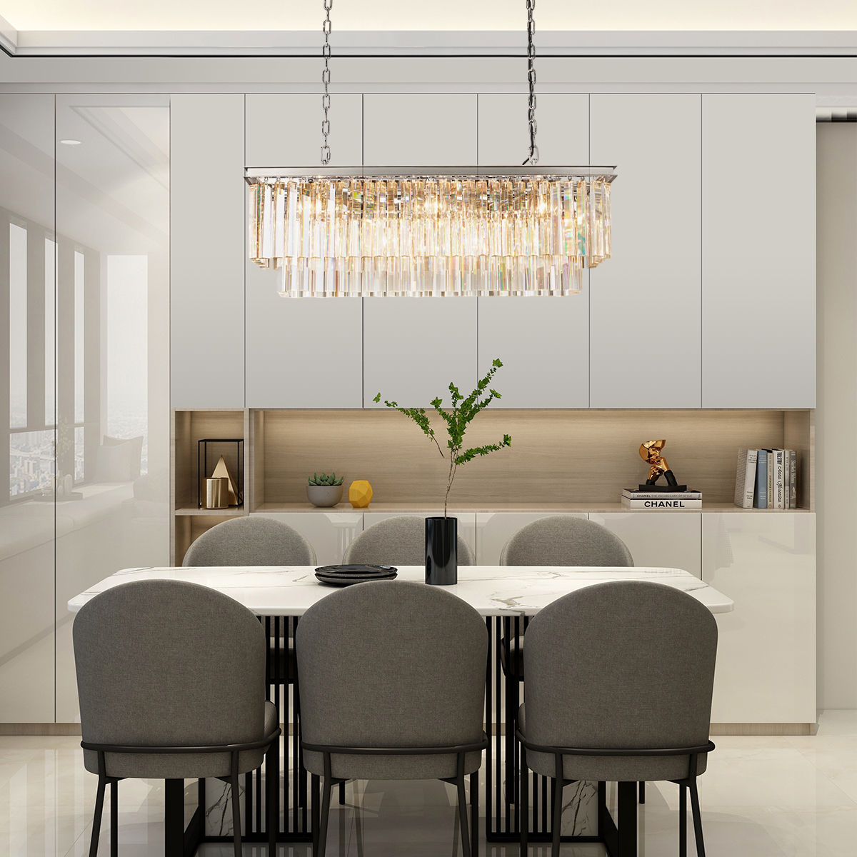 1920s Odeon Rectangular Chandelier 40 Inch for Dining Room - Polished Nickel Finish