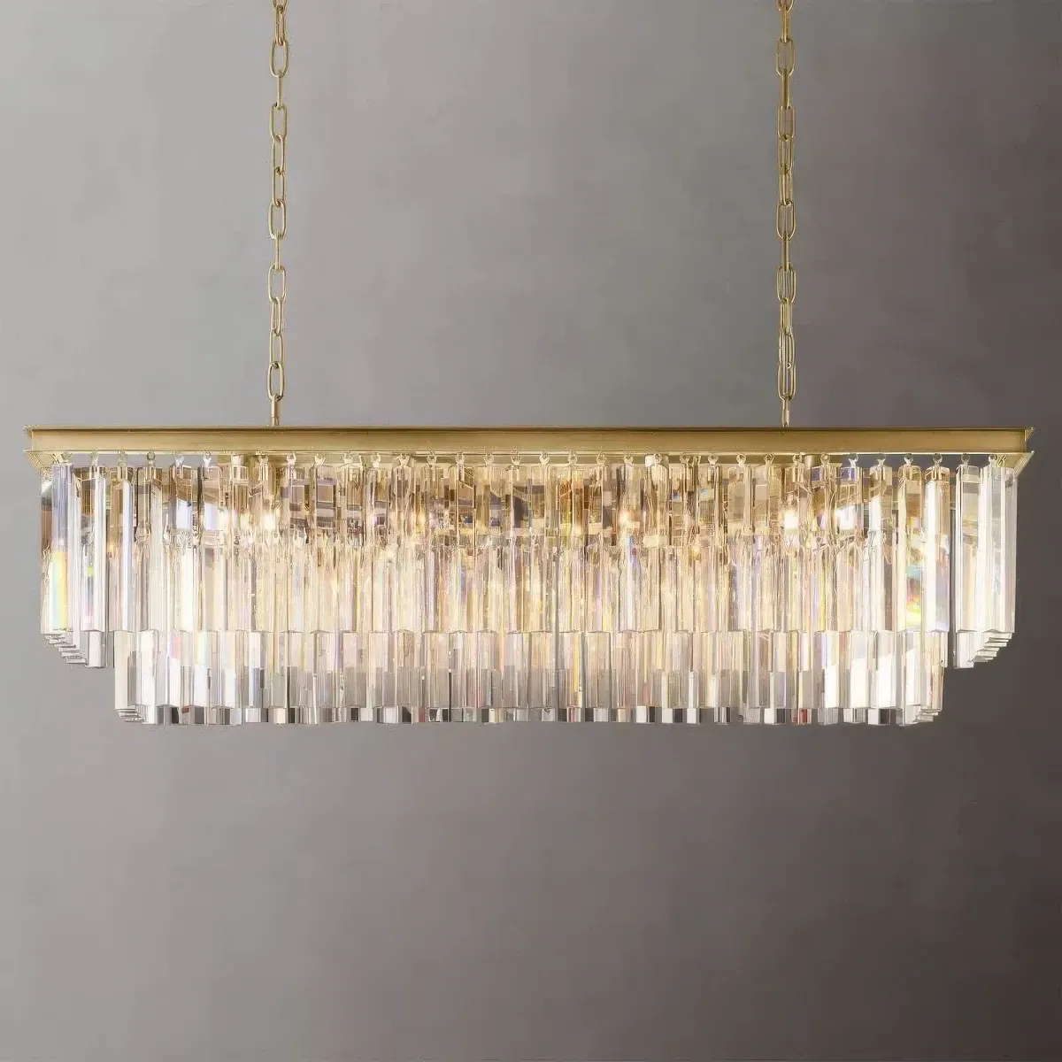 1920s Odeon Rectangular 49 Inch Chandelier Lacquered Burnished Brass Finish