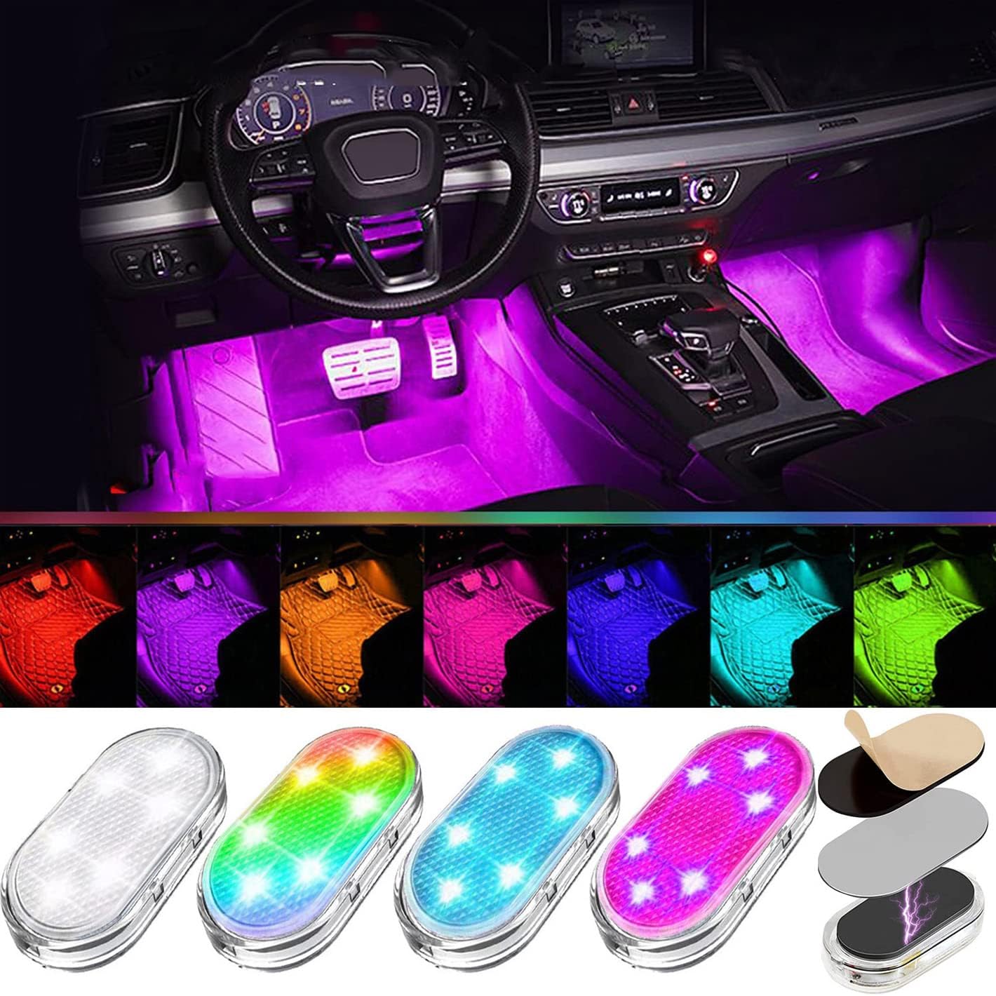 4pcs Wireless Led Lights for Car Interior, Car Led Lights Interior, USB Rechargeable Automotive Neon Accent Light Kits, Free Installation of Magnetic Car Interior Lights (4pcs 7colors)