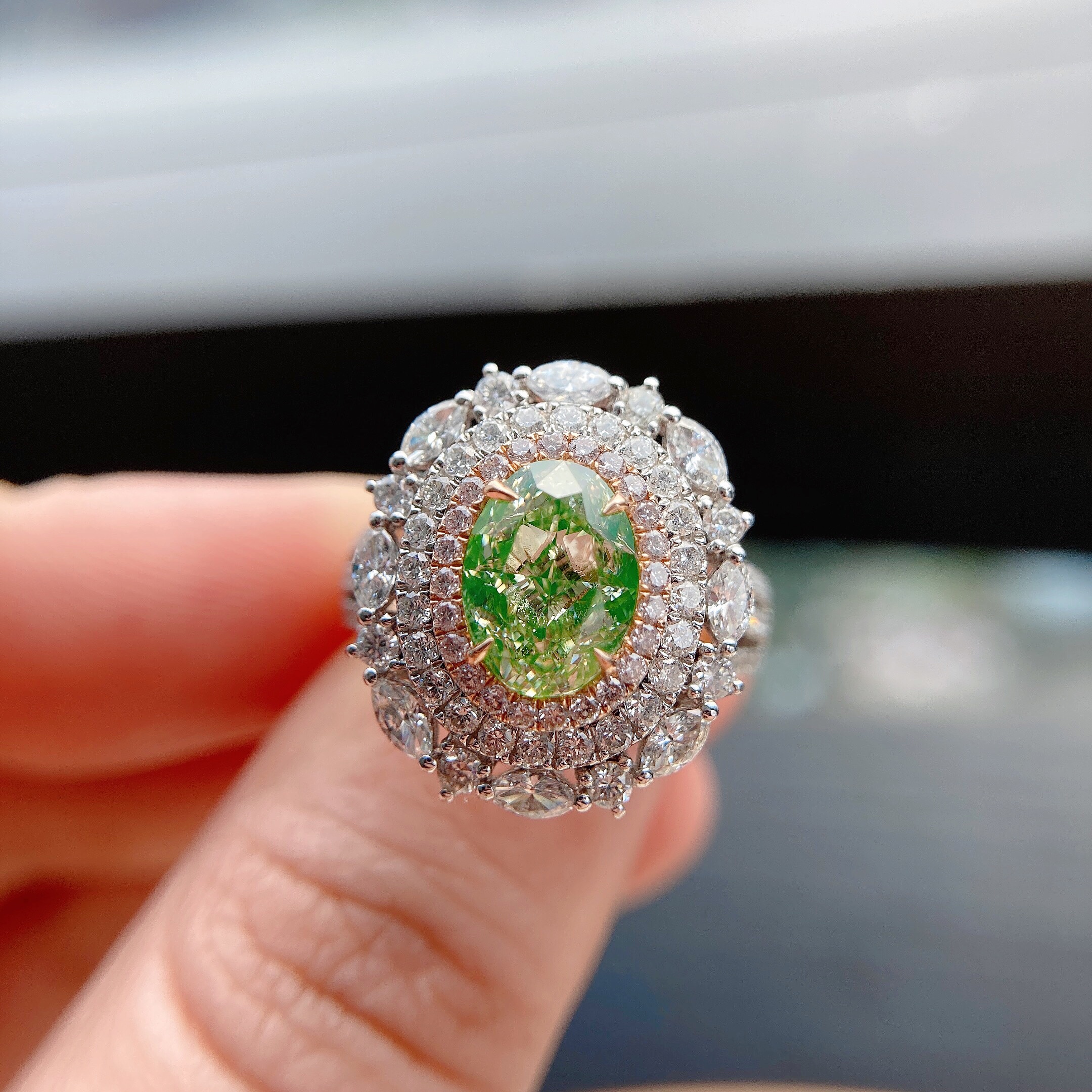 2ct Oval Green diamond ring & pendant.