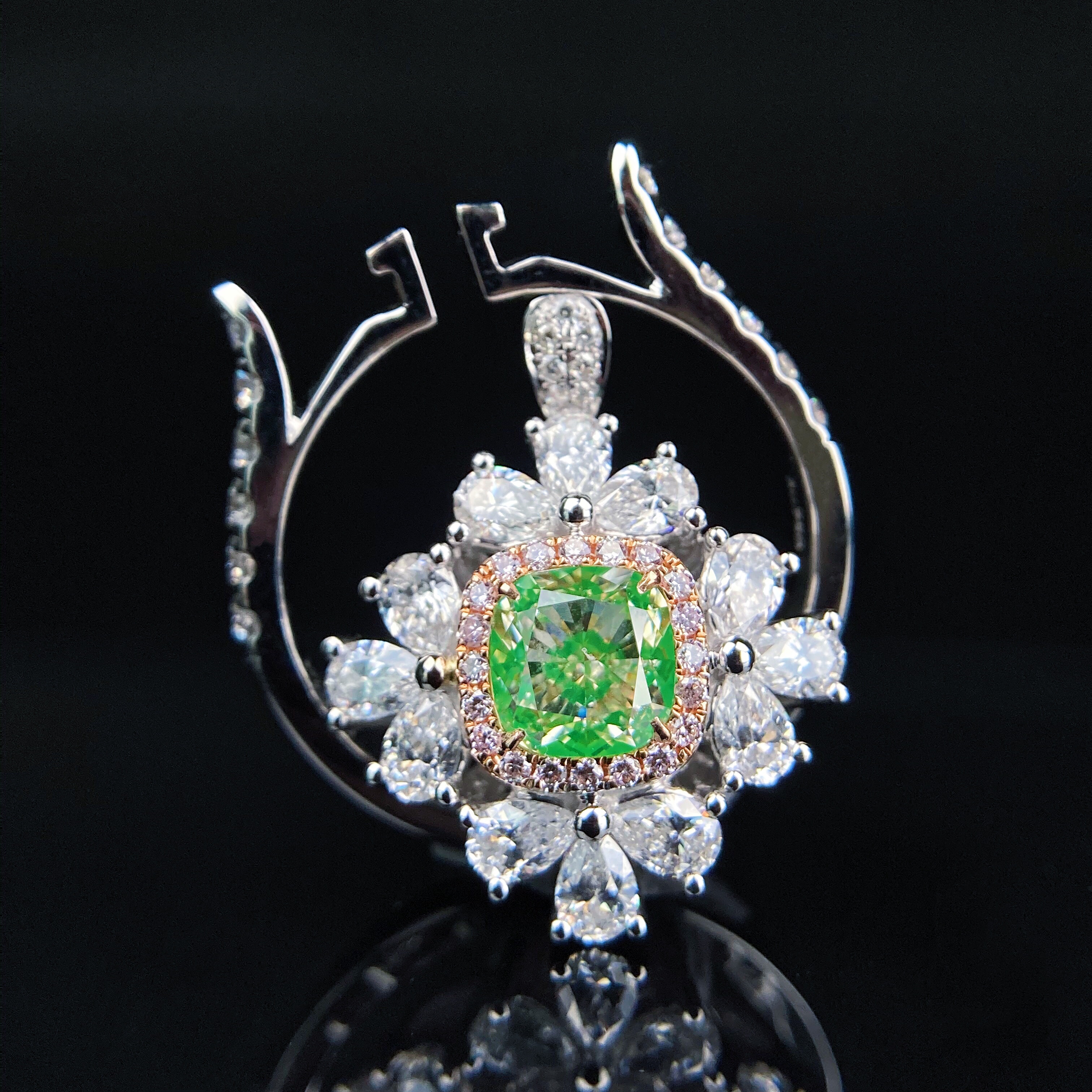 1ct cushion green diamond ring & pendant