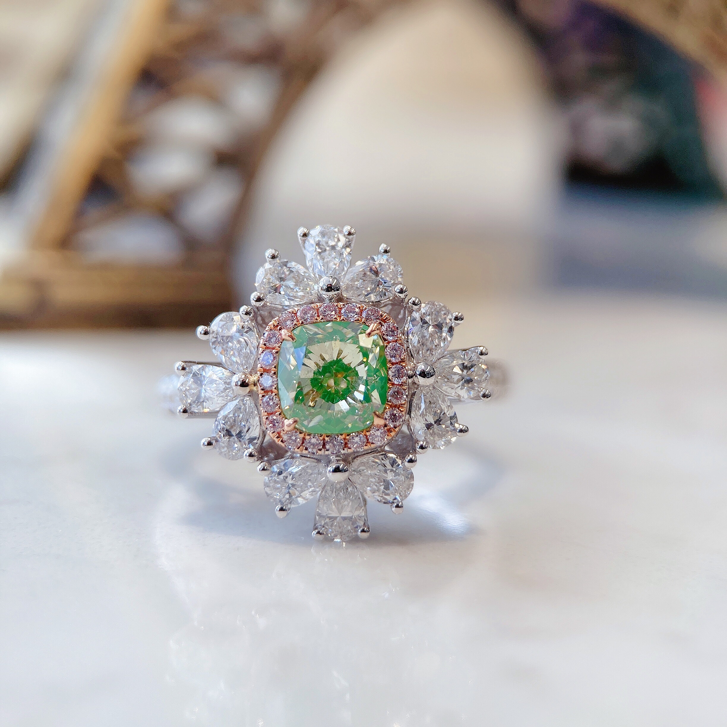 1ct cushion green diamond ring & pendant