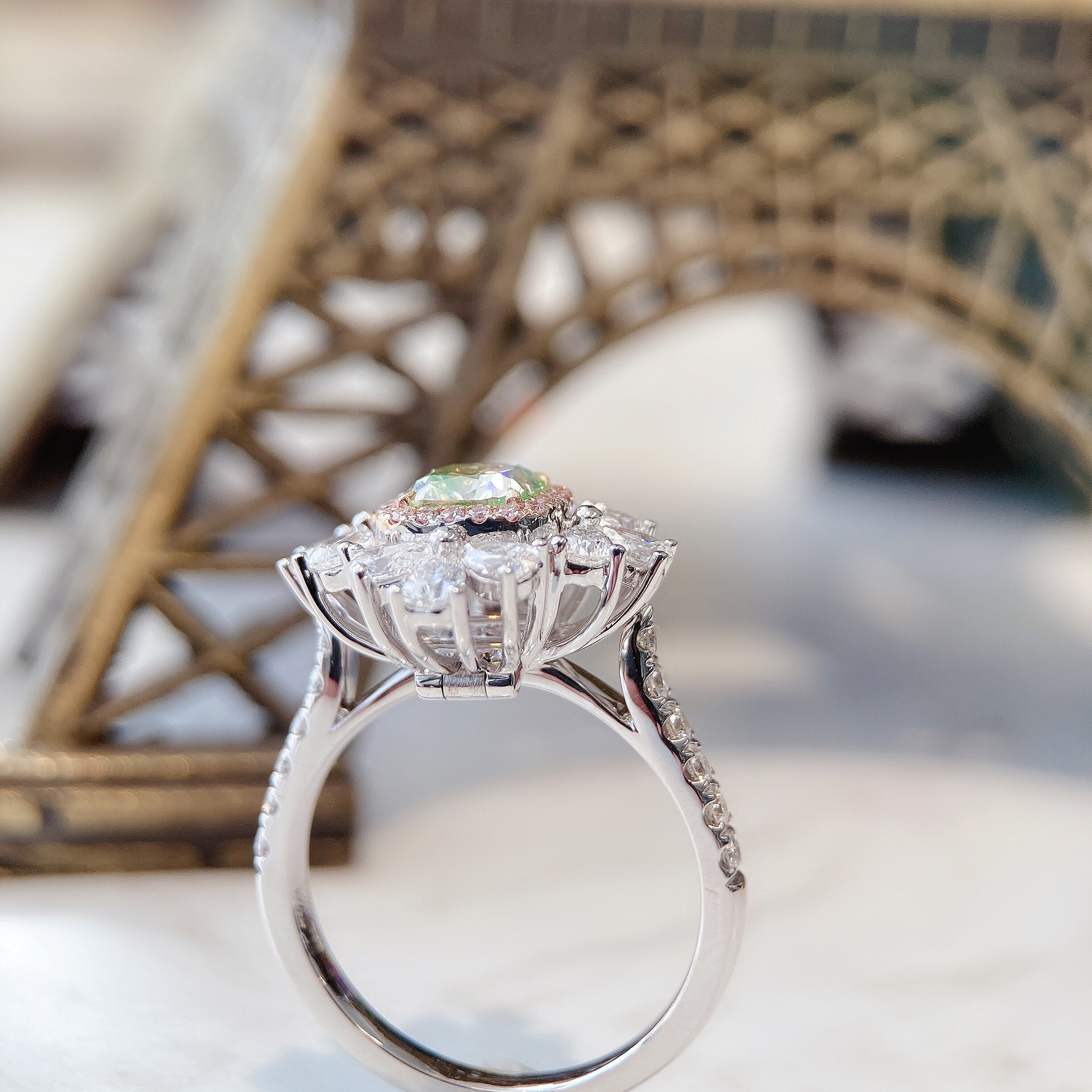 1ct cushion green diamond ring & pendant