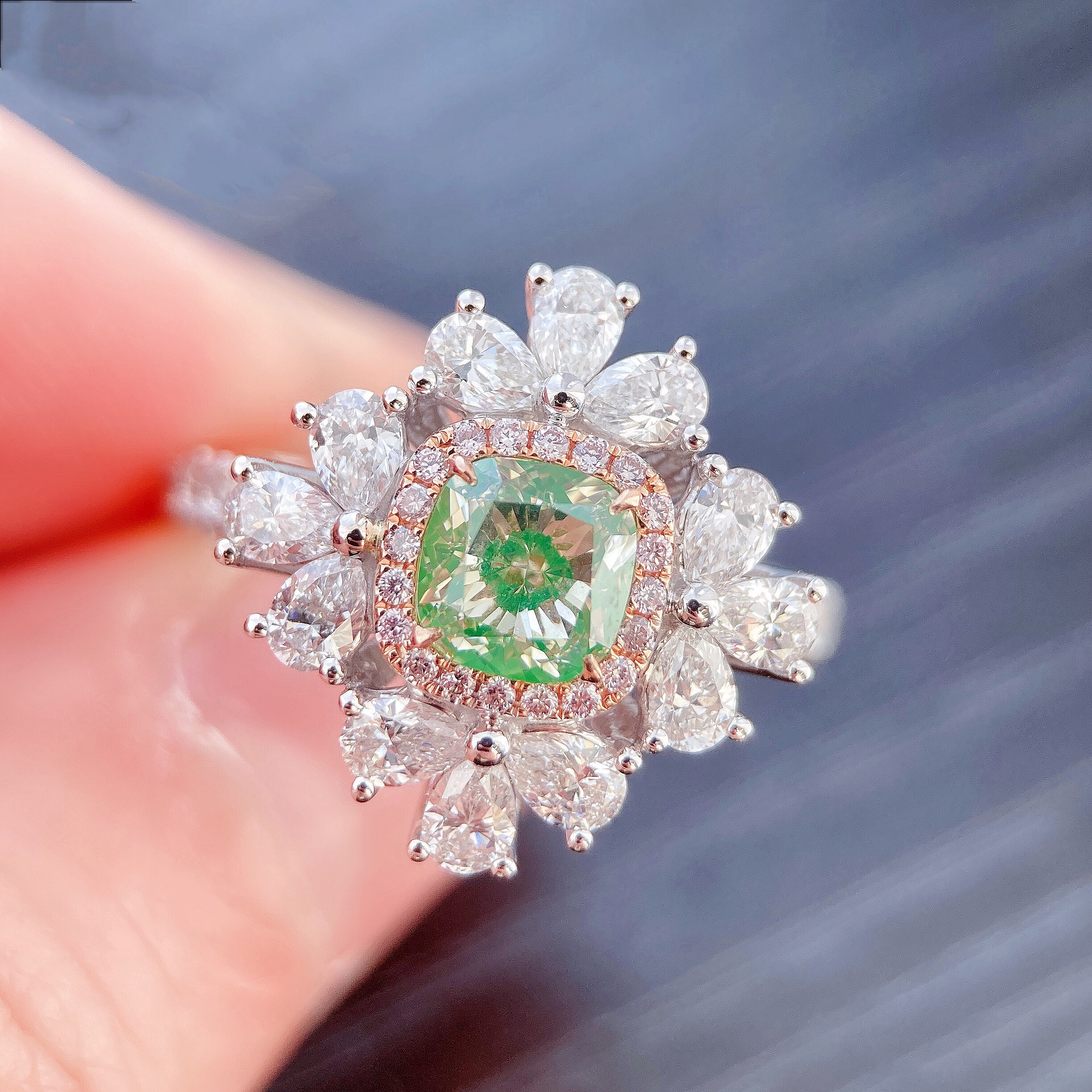 1ct cushion green diamond ring & pendant