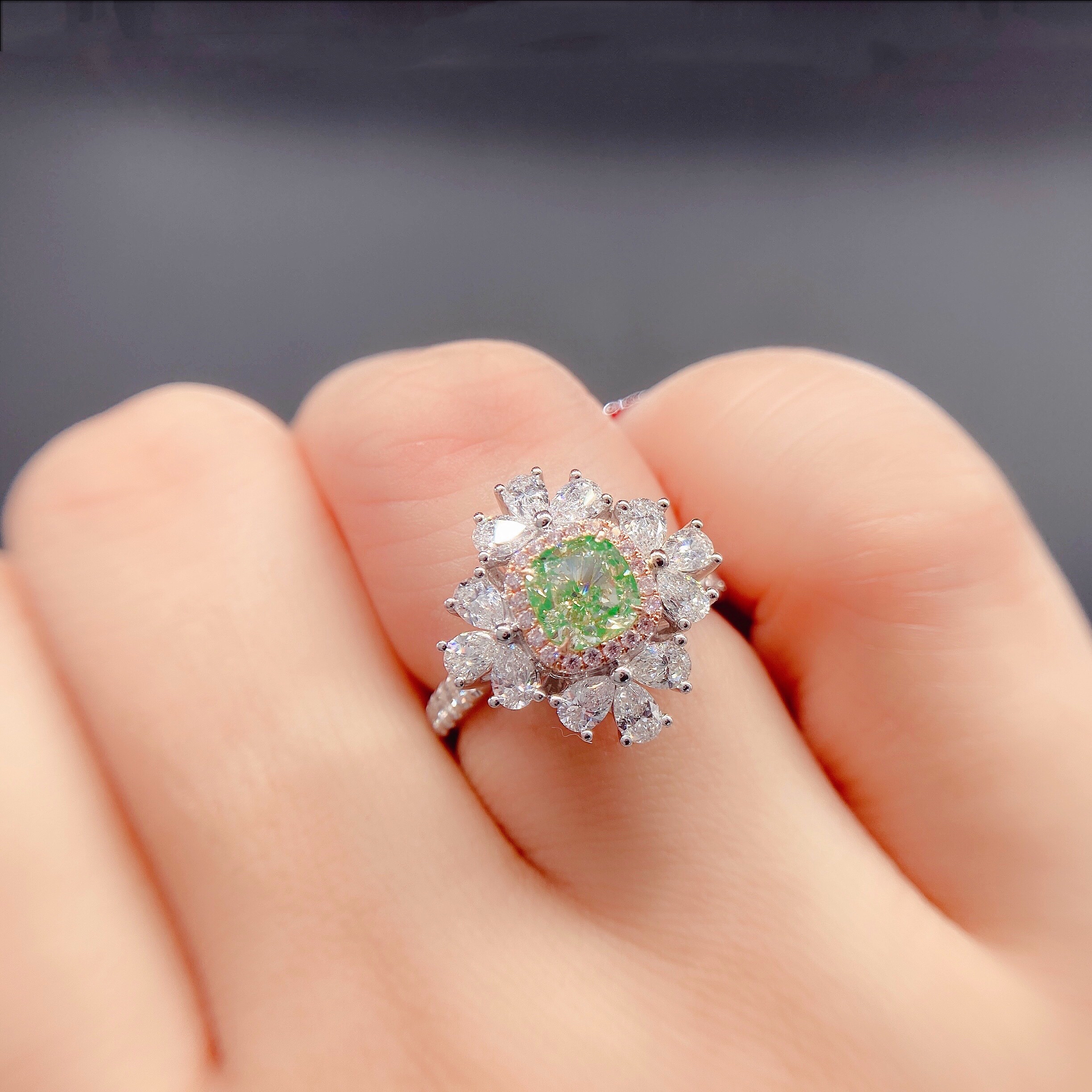 1ct cushion green diamond ring & pendant