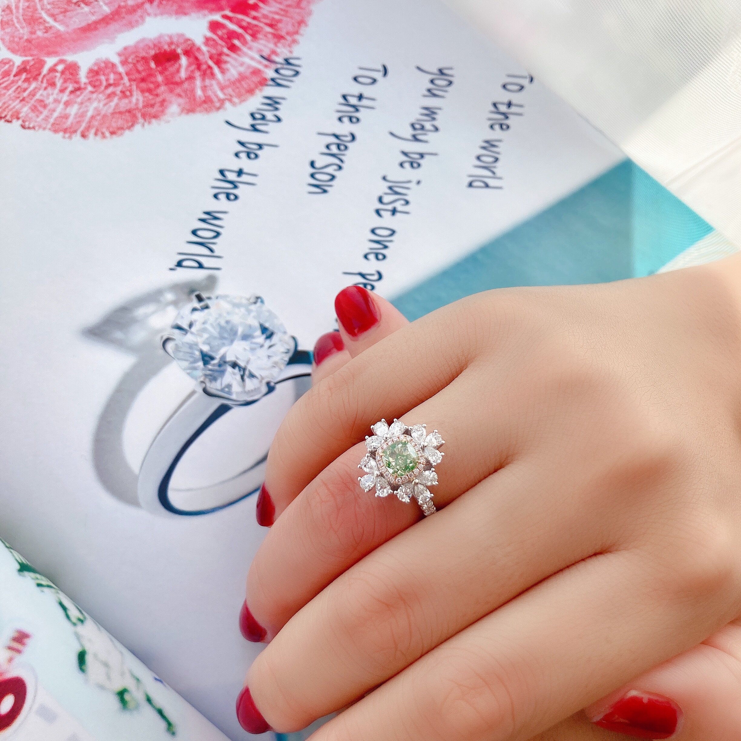 1ct cushion green diamond ring & pendant