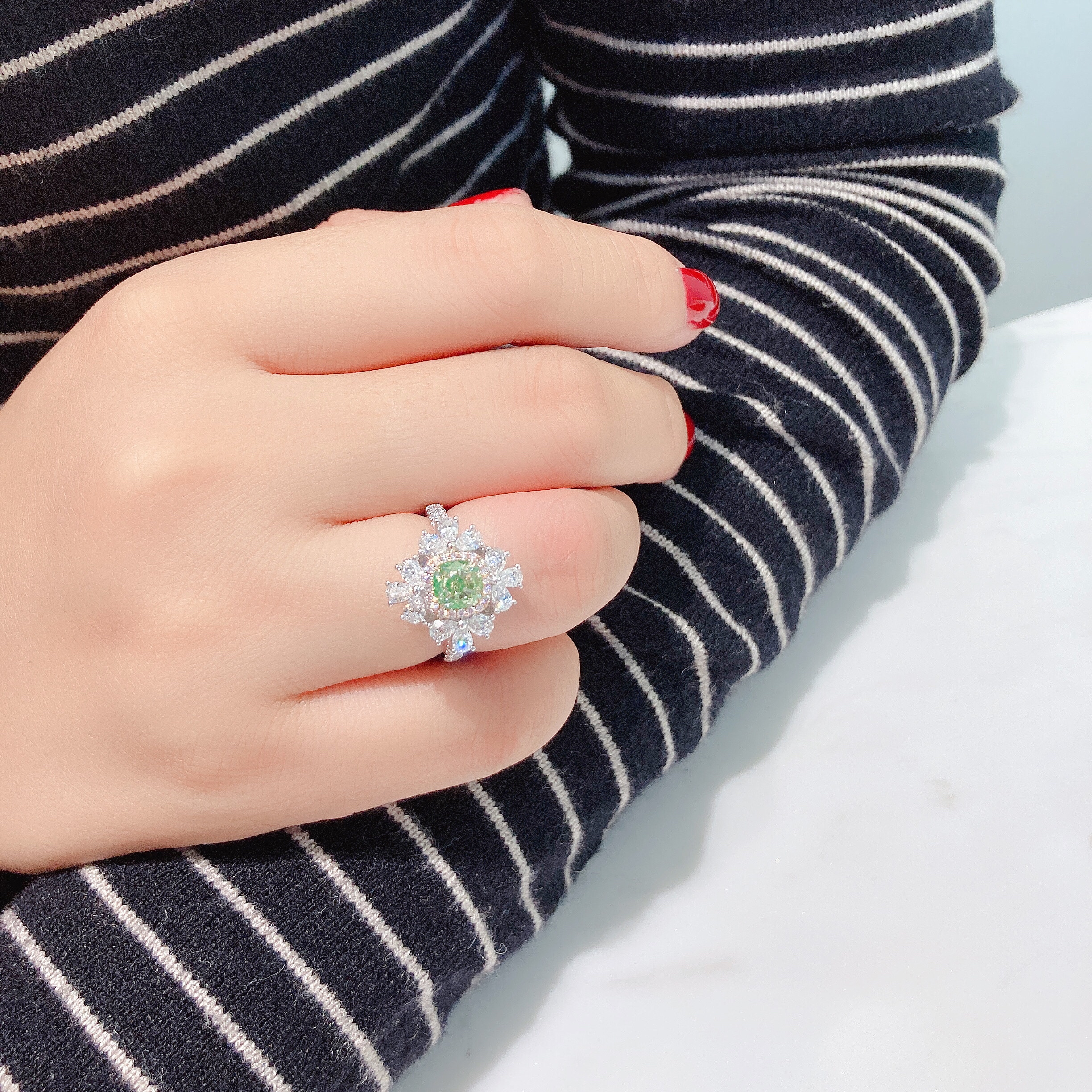 1ct cushion green diamond ring & pendant