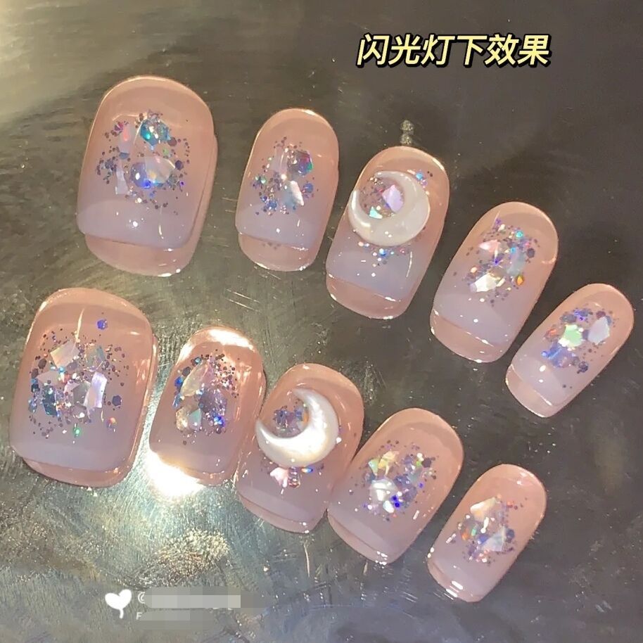 Hand-made light therapy wear nail short square white moonlight wear nail wholesale finished reusable nail patch