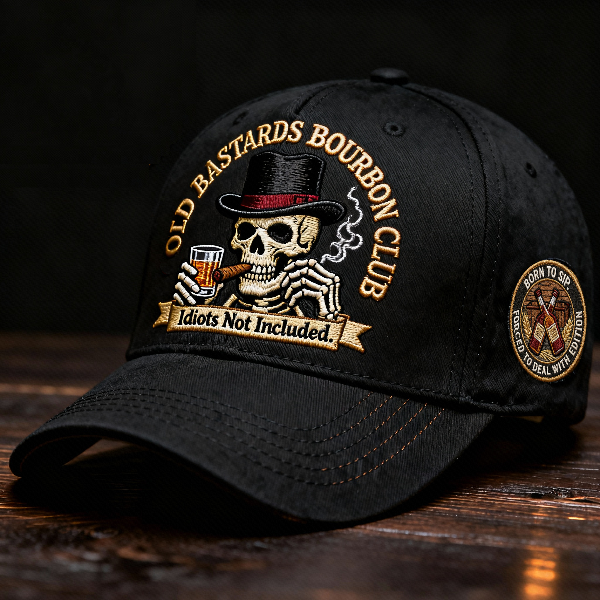 “Old Bastards Bourbon Club Hat — For Men Who Don’t Give a Damn.”