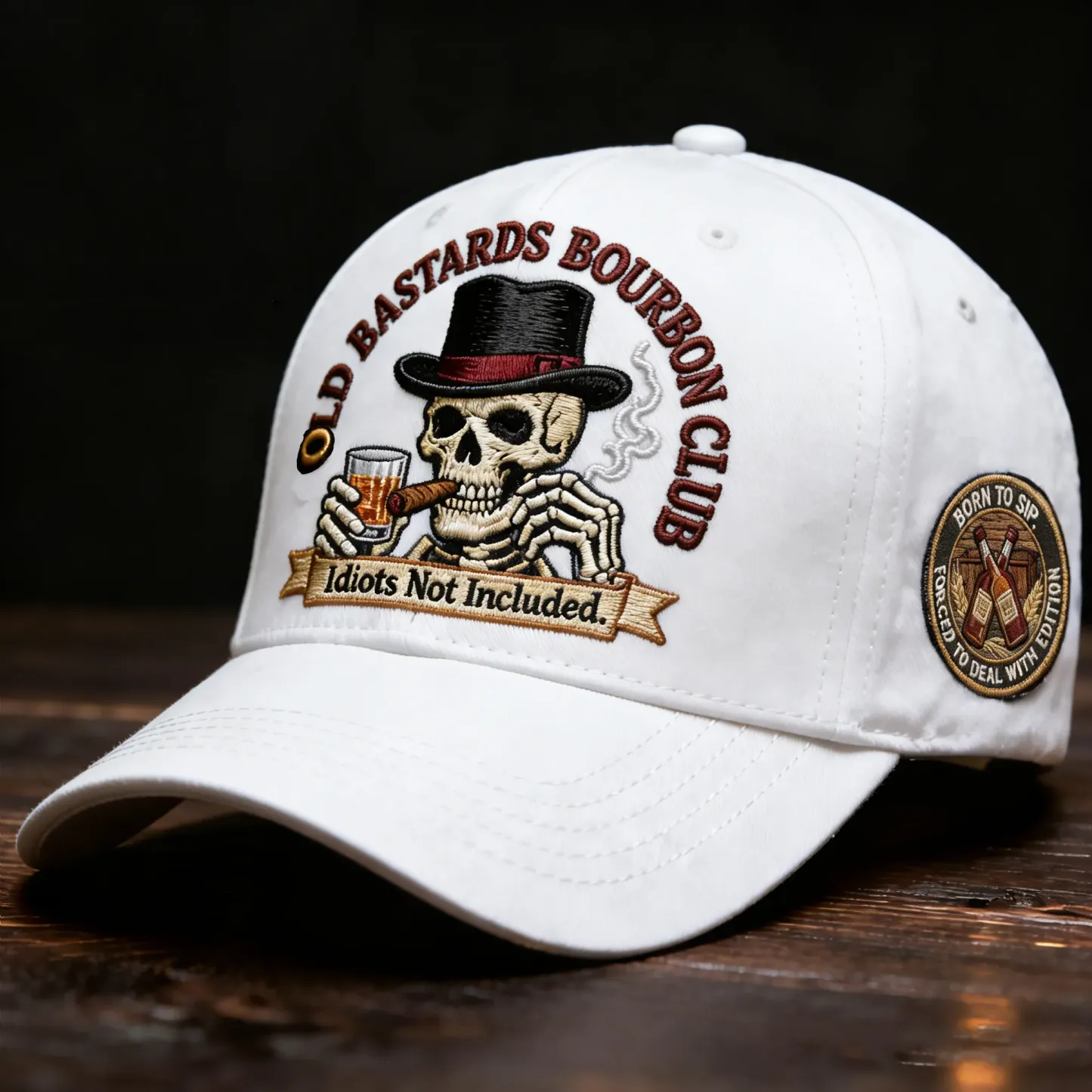 “Old Bastards Bourbon Club Hat — For Men Who Don’t Give a Damn.”