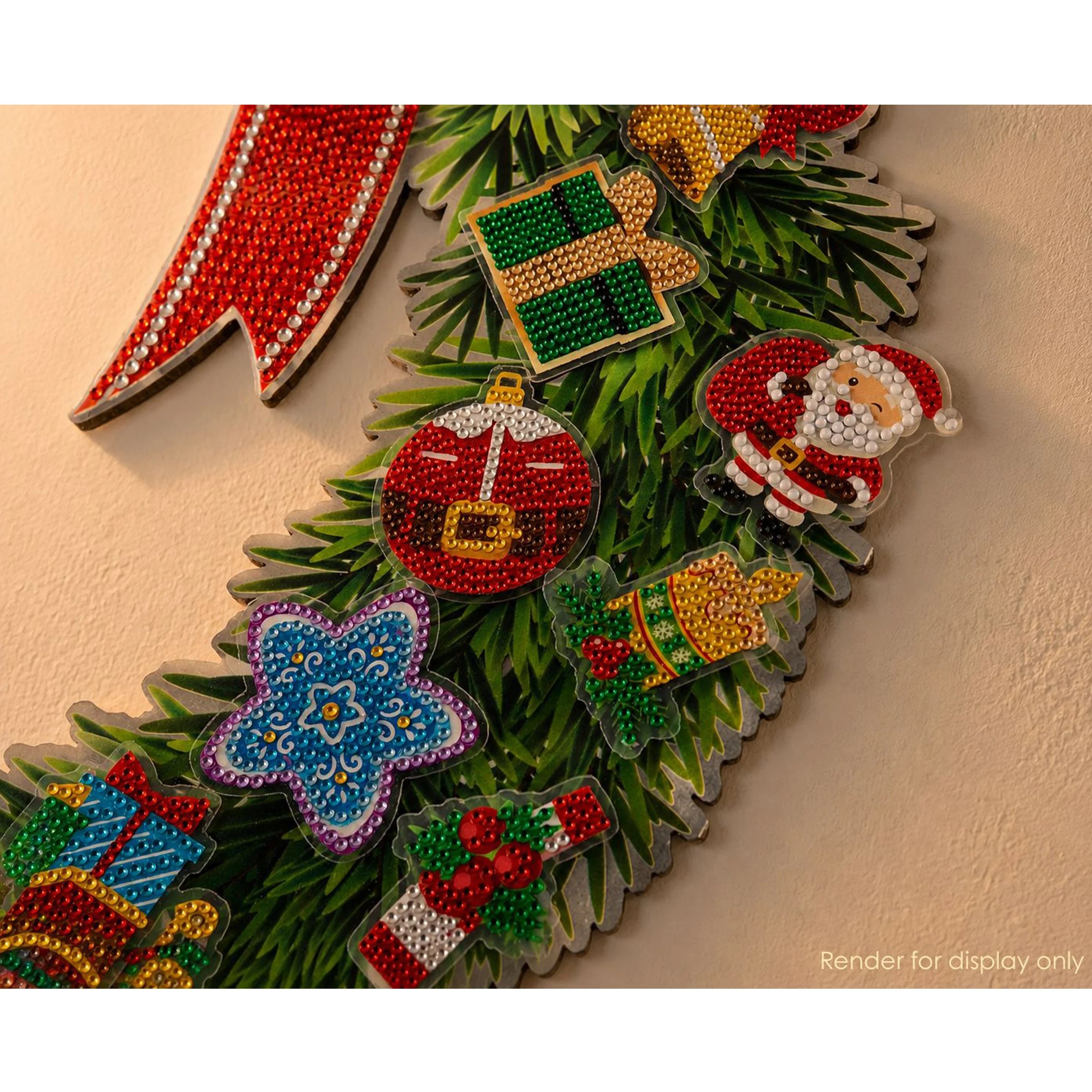 Crystal advent calendar wreath with red bow and magnetic ornaments