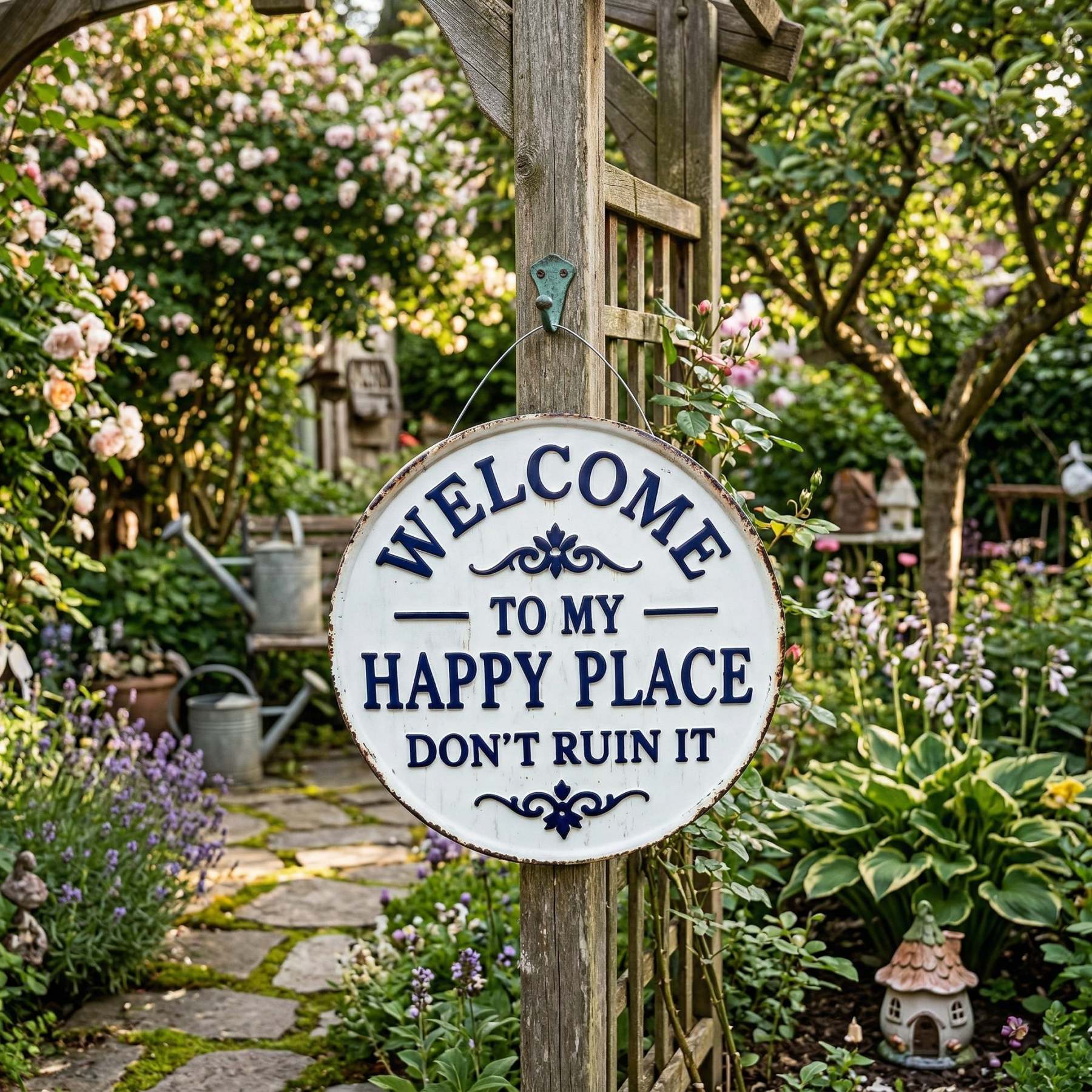 Vintage Round Metal Sign – “Welcome to My Happy Place Don’t Ruin It” Garden Wall Decor