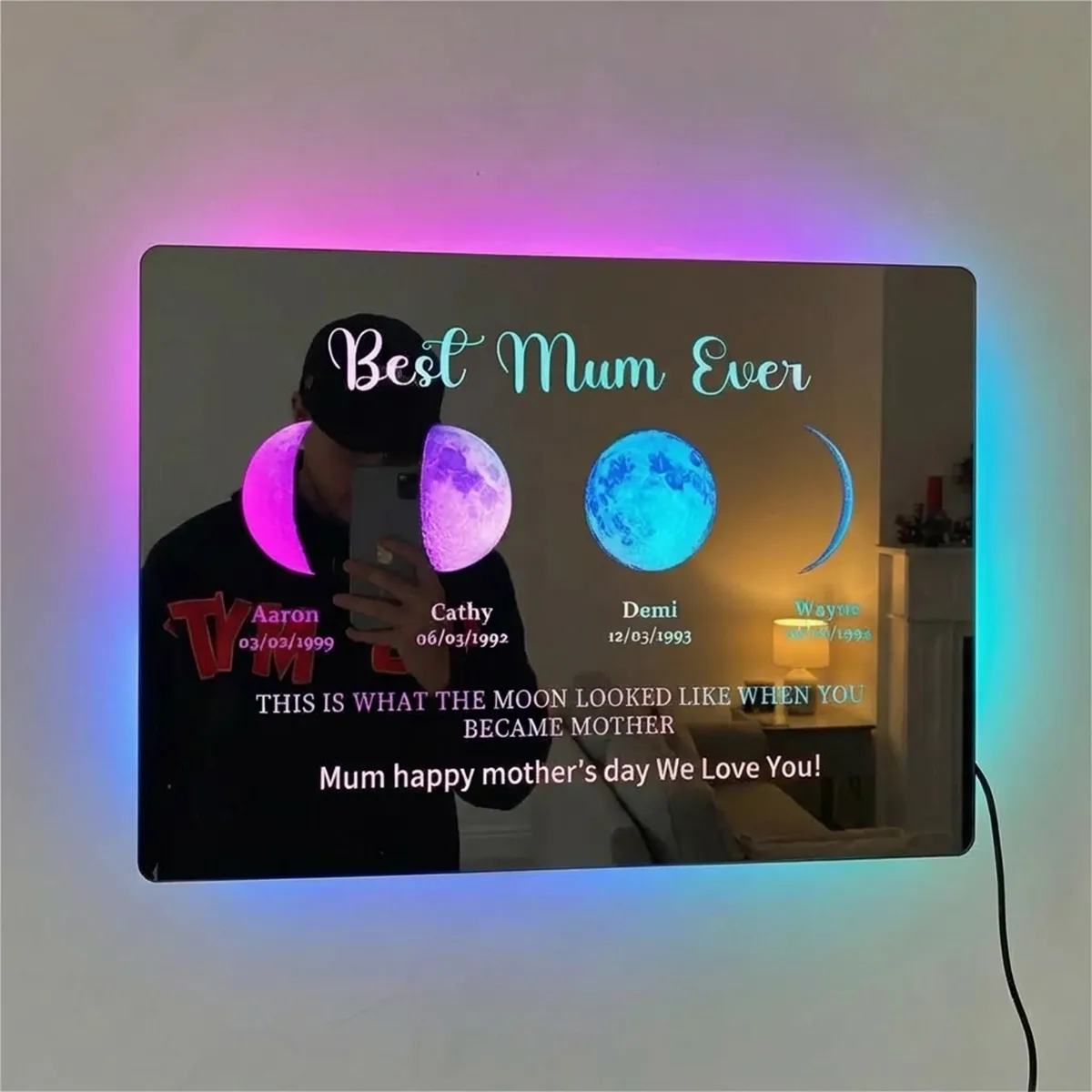 Custom Led Mirror Light Frame with text and date - mommy's moons