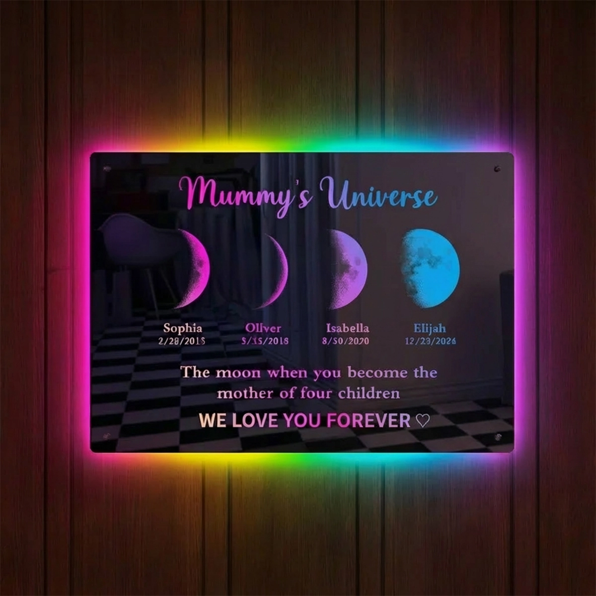 Custom Led Mirror Light Frame with text and date - mommy's moons