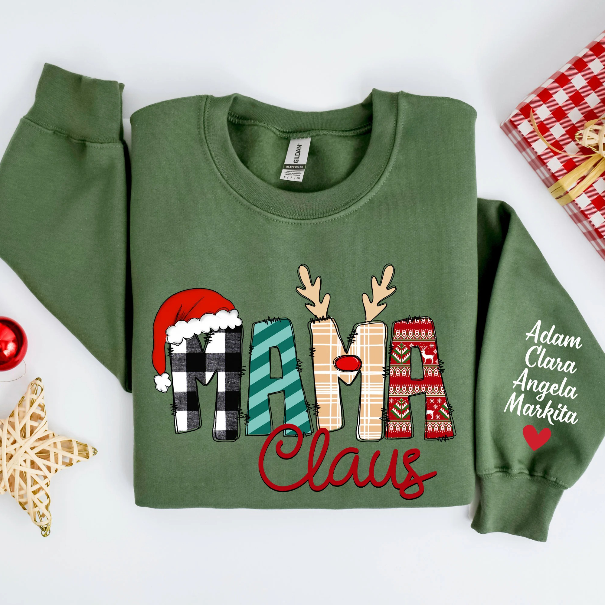 Mama Claus-Christmas Mama Claus Sweatshirt with Children Name on Sleeve Gift for Mom
