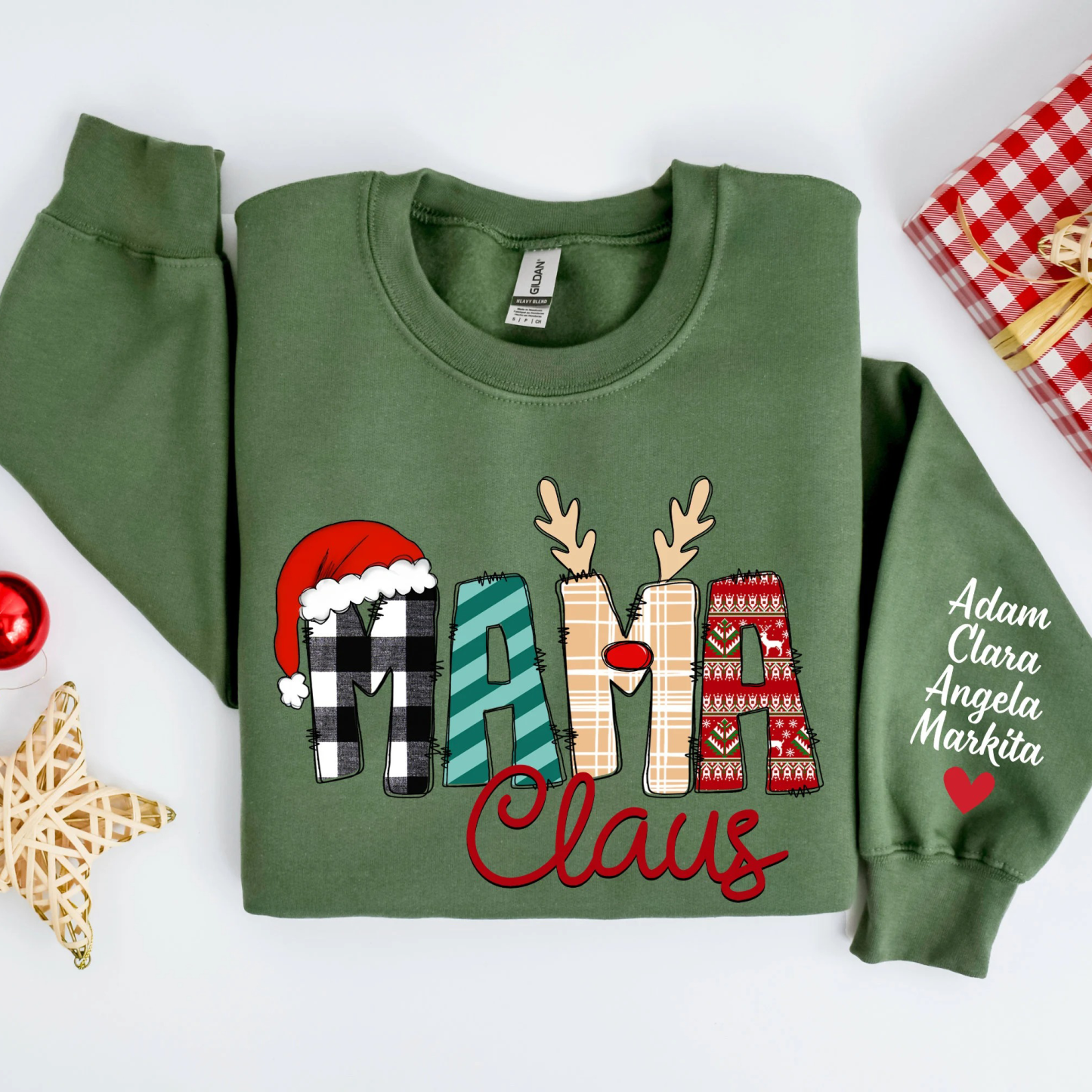 Mama Claus-Christmas Mama Claus Sweatshirt with Children Name on Sleeve Gift for Mom