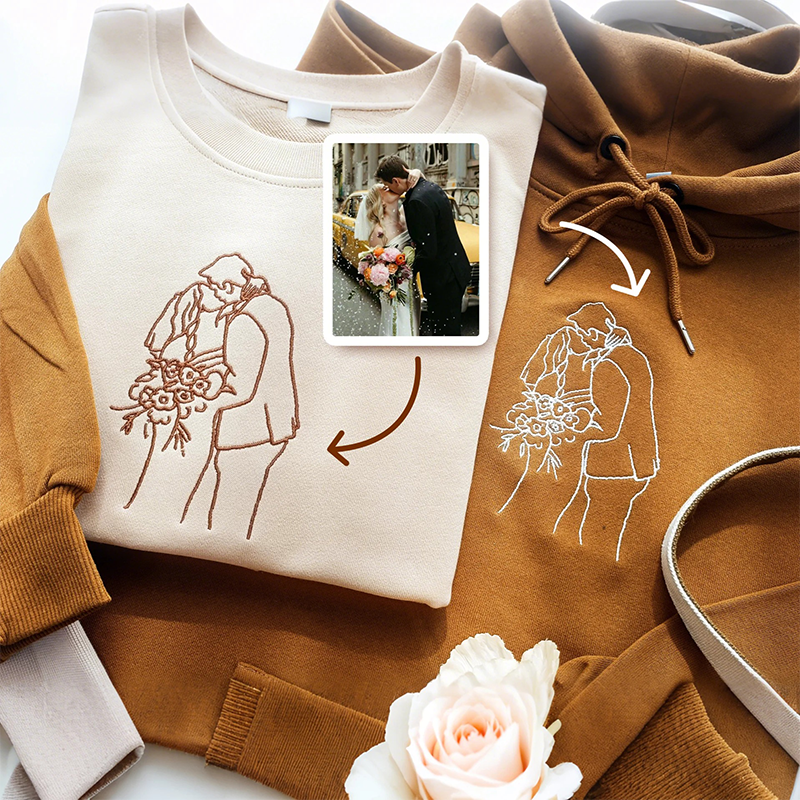 Custom Embroidered Hoodies for Couples – Matching Outline Portrait from Photo