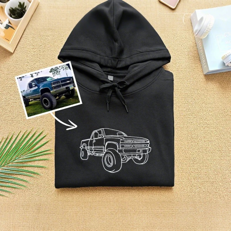 Custom Embroidered Car Outline Hoodie, Custom Car Embroidery Sweatshirt, Gift for Boyfriend, Gift for Him