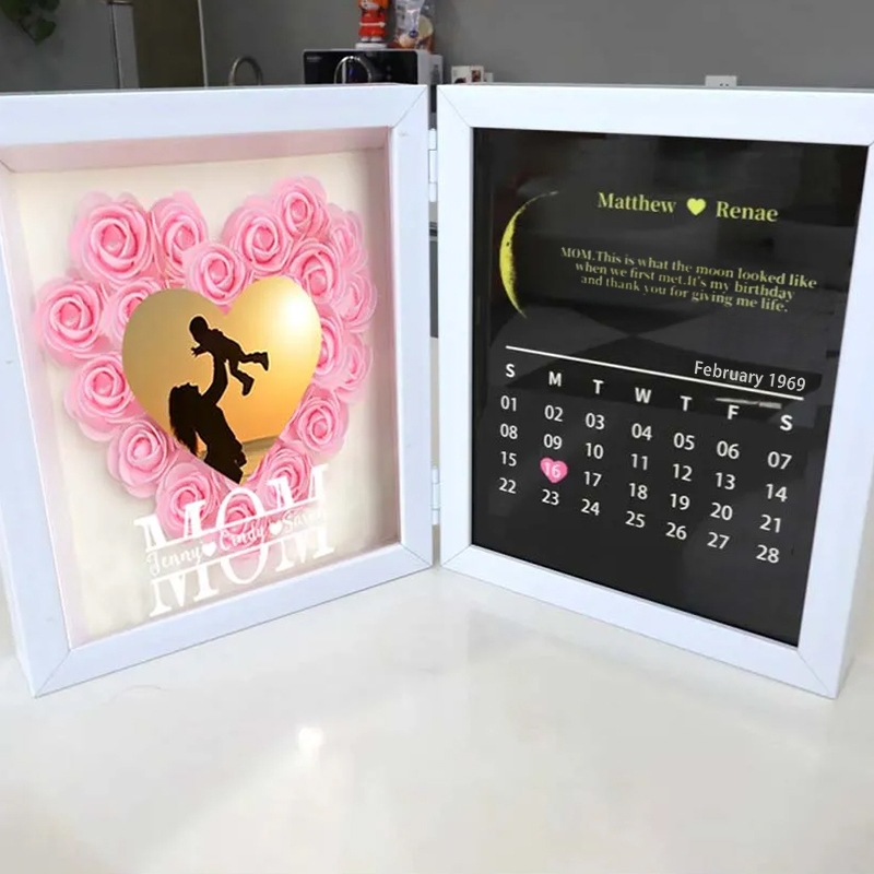(Mom Photo With Name) With REAL MOON PHASE Anniversary Calendar Custom flower frame