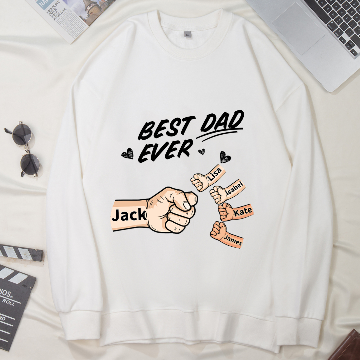 Best Dad Ever - Personalised 2–7 Names Family Crewneck Sweatshirt Custom Fist Bump Fathers Day Gift