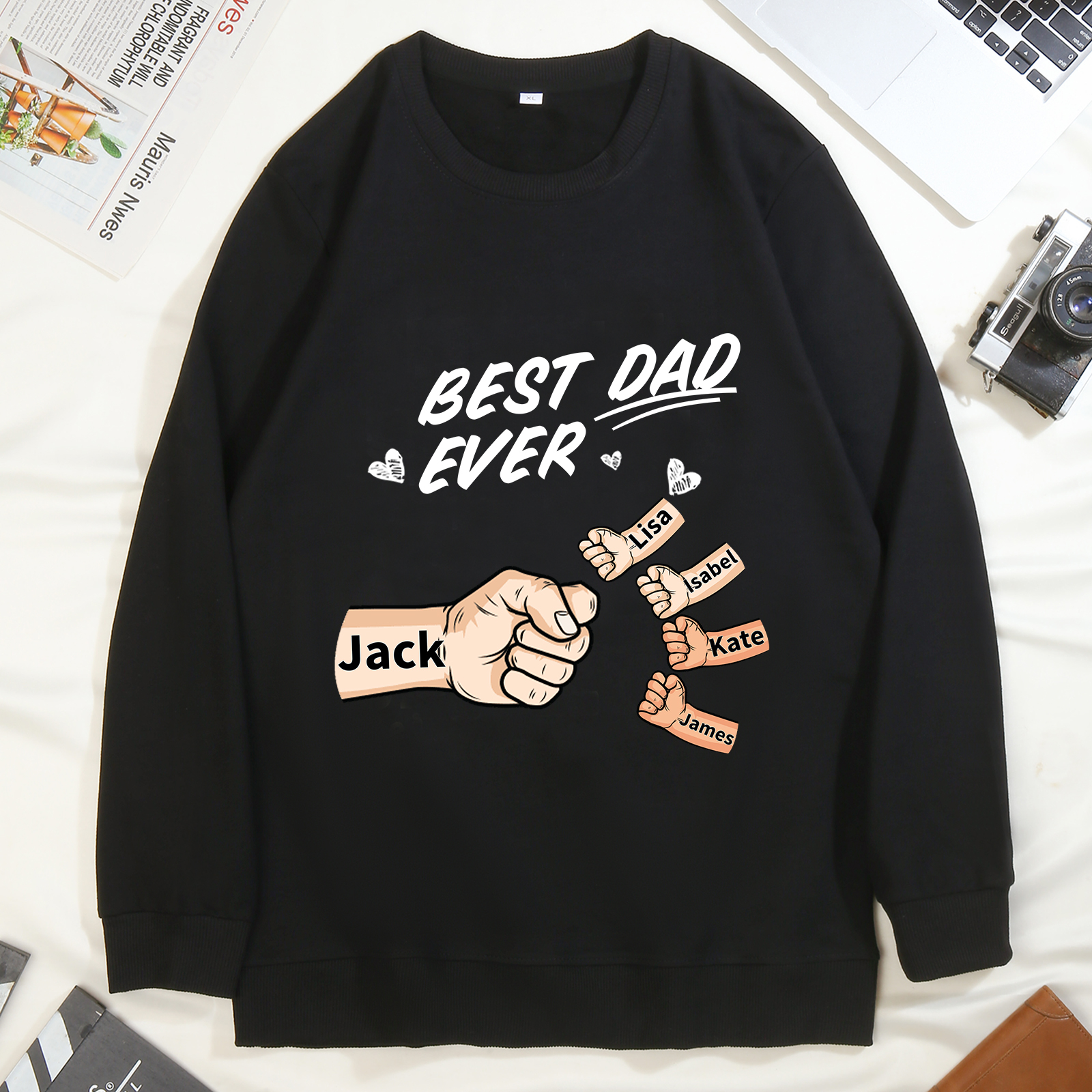 Best Dad Ever - Personalised 2–7 Names Family Crewneck Sweatshirt Custom Fist Bump Fathers Day Gift