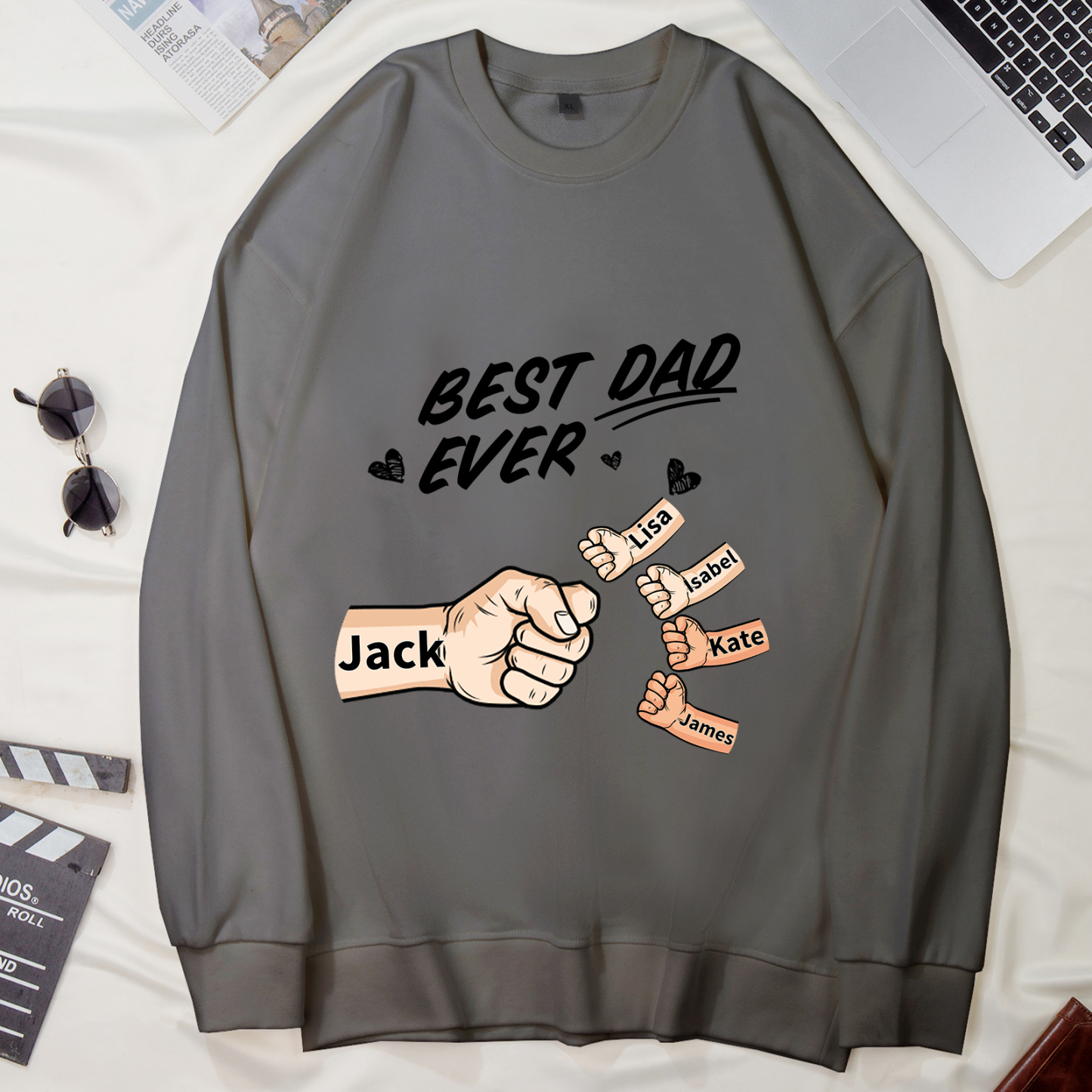 Best Dad Ever - Personalised 2–7 Names Family Crewneck Sweatshirt Custom Fist Bump Fathers Day Gift