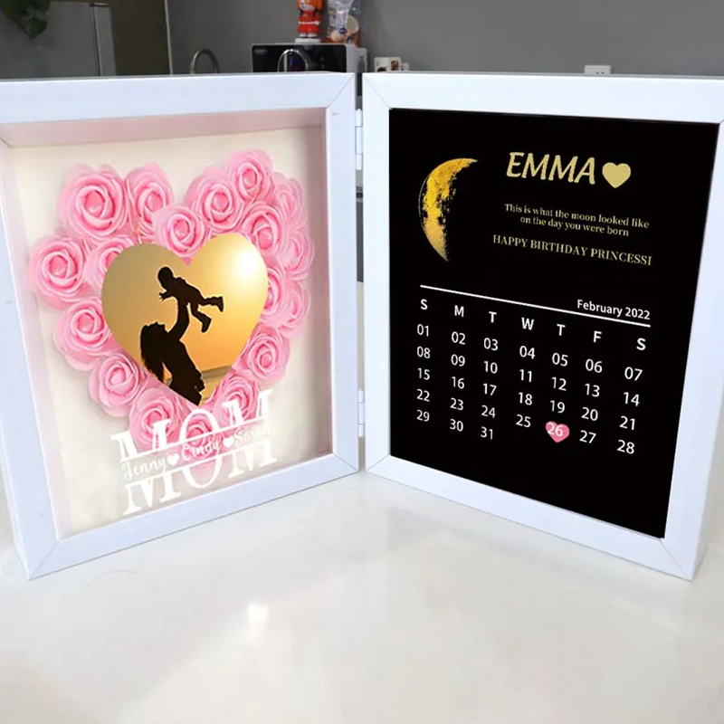 (Mom Photo With Name) With REAL MOON PHASE Anniversary Calendar Custom flower frame