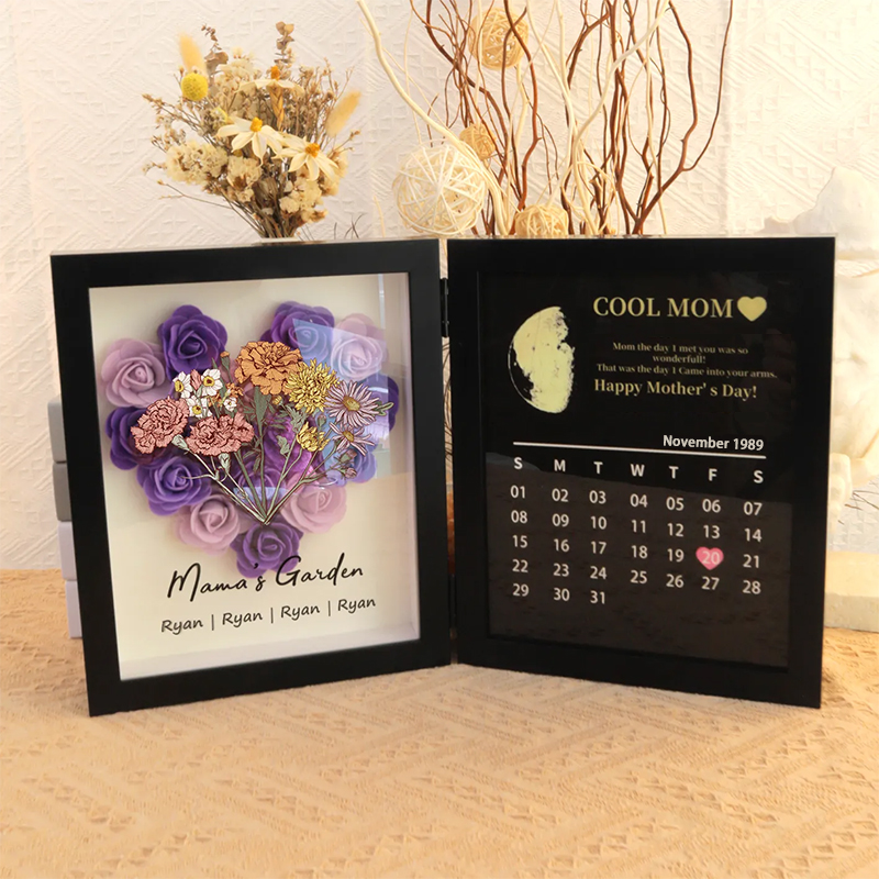 Personalized Birth Flower Family Bouquet With REAL MOON PHASE Anniversary Calendar Box