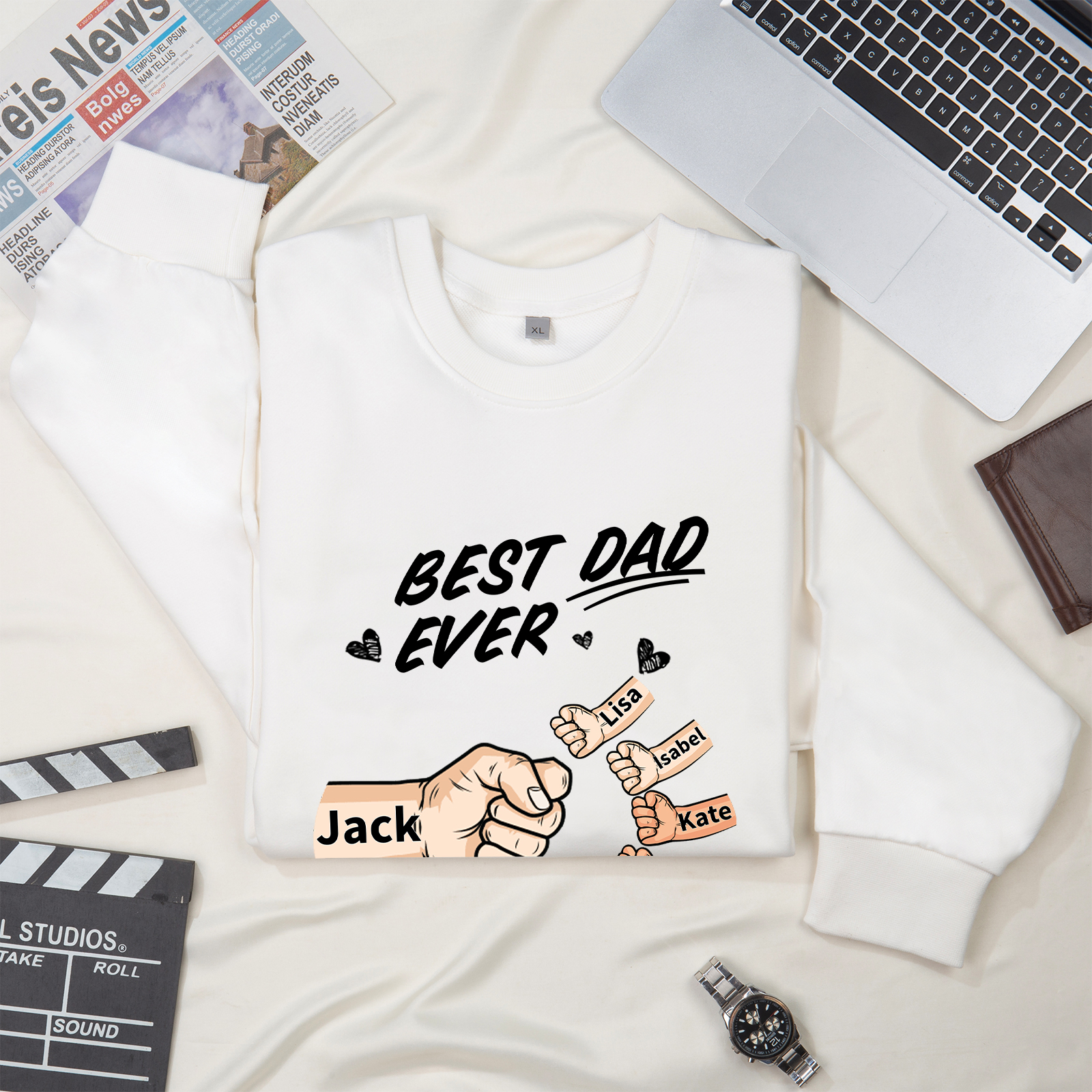 Best Dad Ever - Personalised 2–7 Names Family Crewneck Sweatshirt Custom Fist Bump Fathers Day Gift