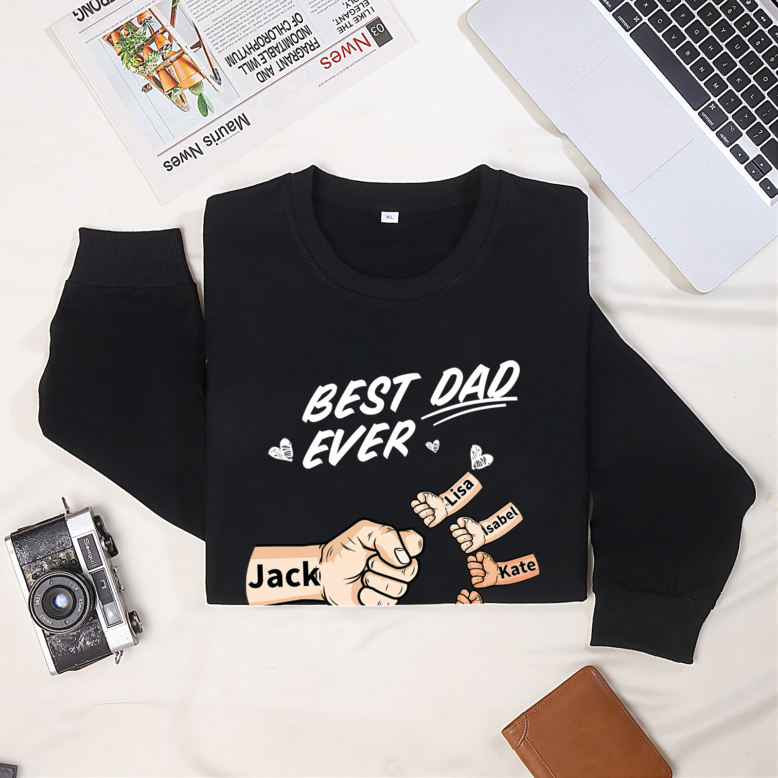 Best Dad Ever - Personalised 2–7 Names Family Crewneck Sweatshirt Custom Fist Bump Fathers Day Gift