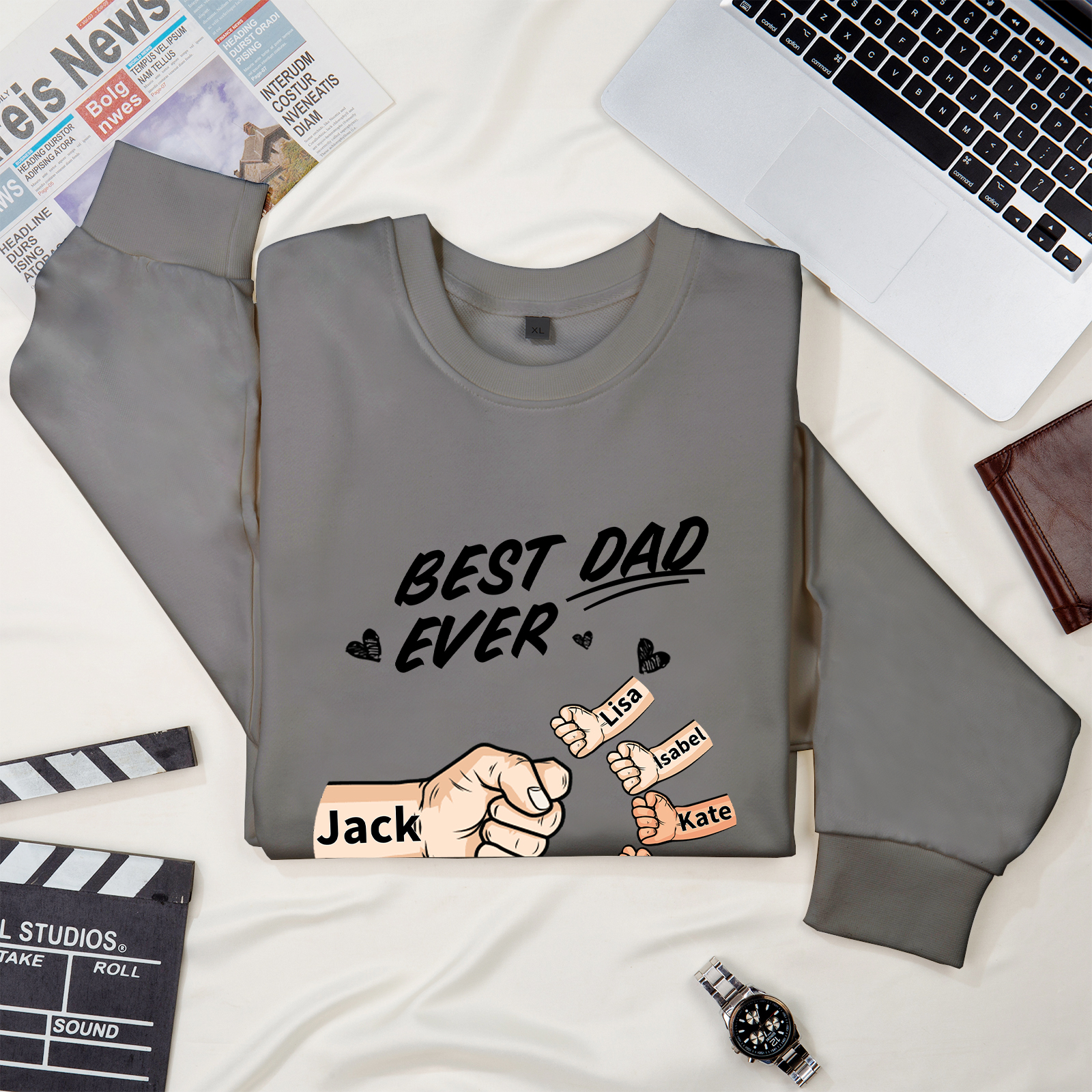 Best Dad Ever - Personalised 2–7 Names Family Crewneck Sweatshirt Custom Fist Bump Fathers Day Gift