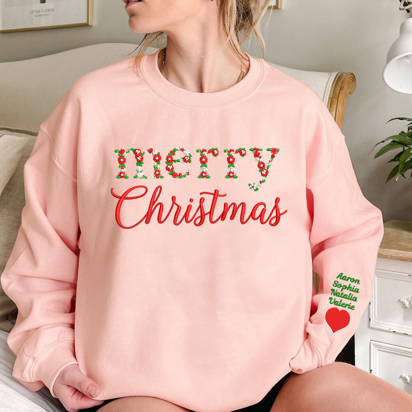 Custom Merry Christmas Floral Embroidered Sweatshirt