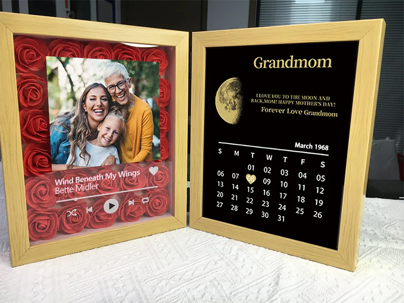 (Square With Song) Custom Flowers Frame for Mom Grandma with REAL MOON PHASE Anniversary Calendar