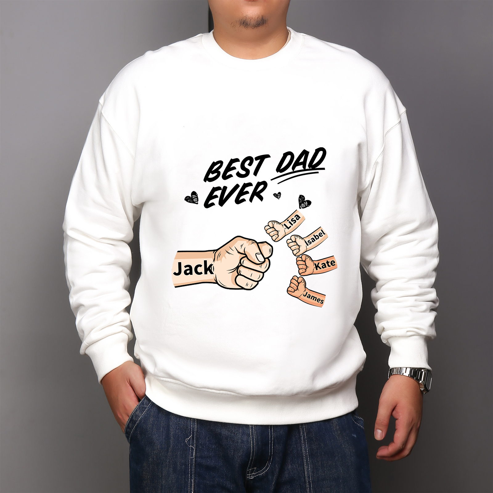 Best Dad Ever - Personalised 2–7 Names Family Crewneck Sweatshirt Custom Fist Bump Fathers Day Gift