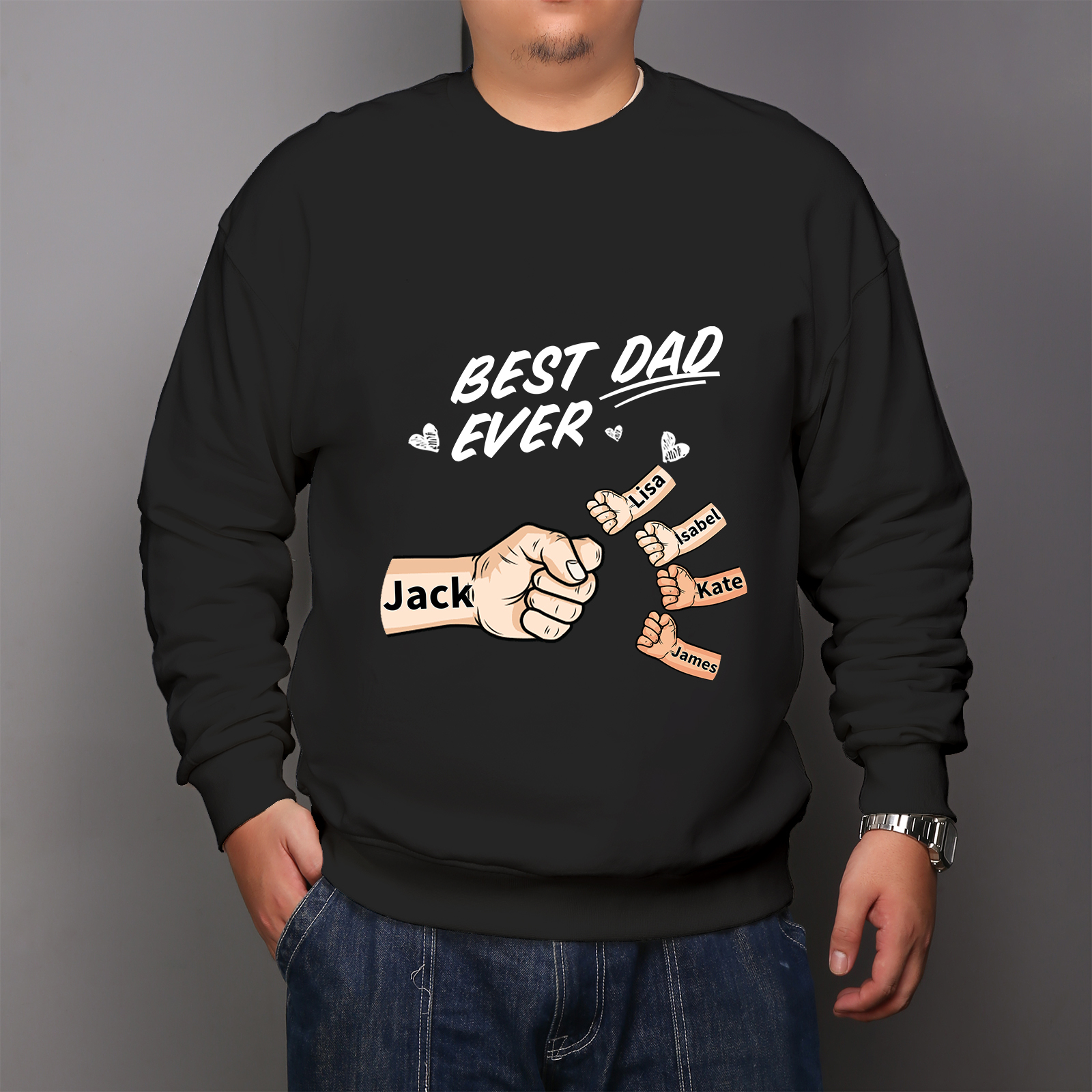 Best Dad Ever - Personalised 2–7 Names Family Crewneck Sweatshirt Custom Fist Bump Fathers Day Gift