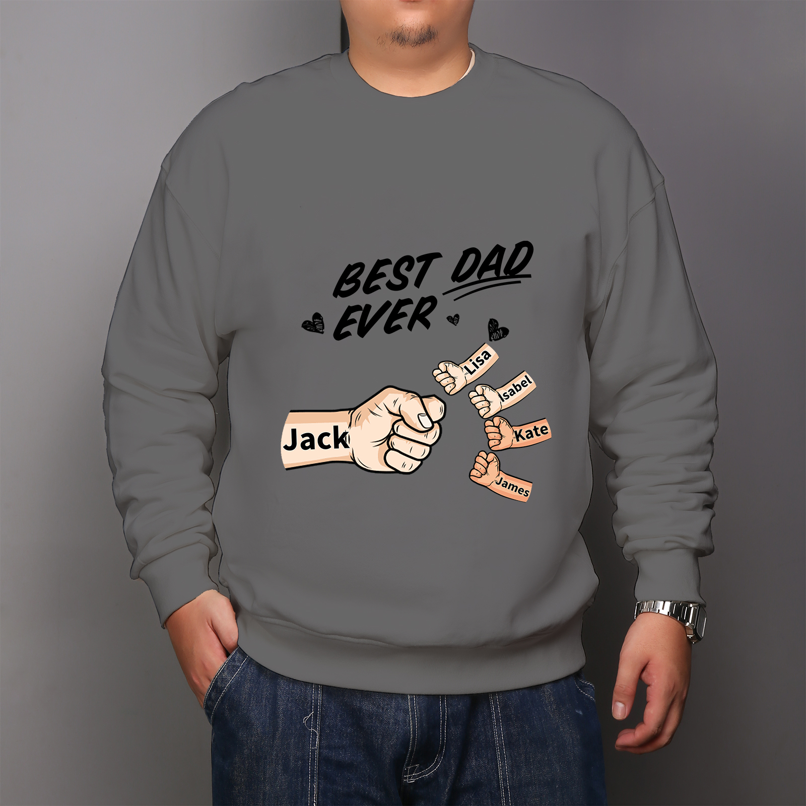Best Dad Ever - Personalised 2–7 Names Family Crewneck Sweatshirt Custom Fist Bump Fathers Day Gift