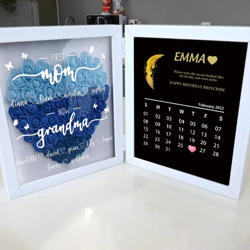 First Mum Now Grandma With REAL MOON PHASE Anniversary Calendar- Personalized Flower Shadow Box