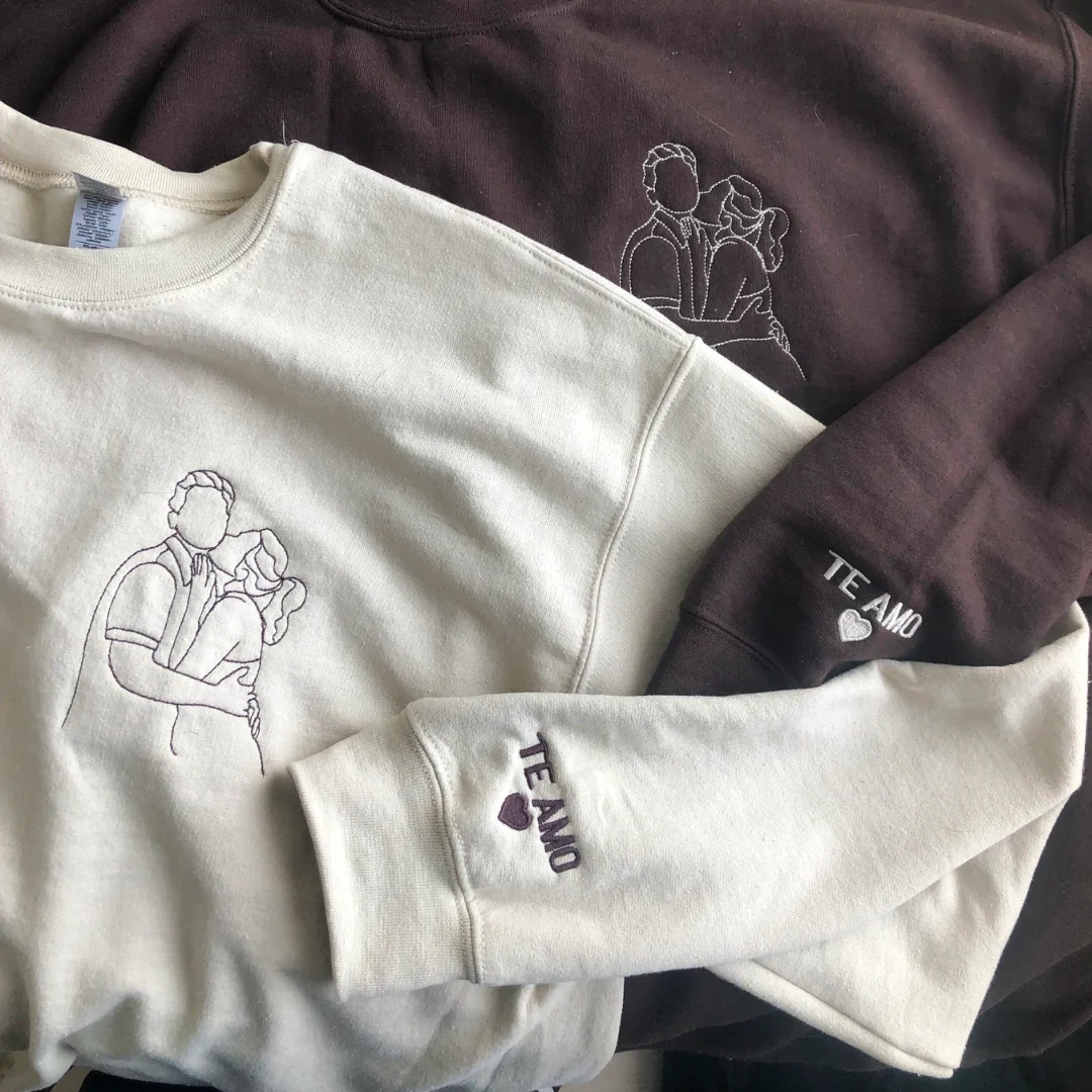 Custom Embroidered Hoodies for Couples – Matching Outline Portrait from Photo