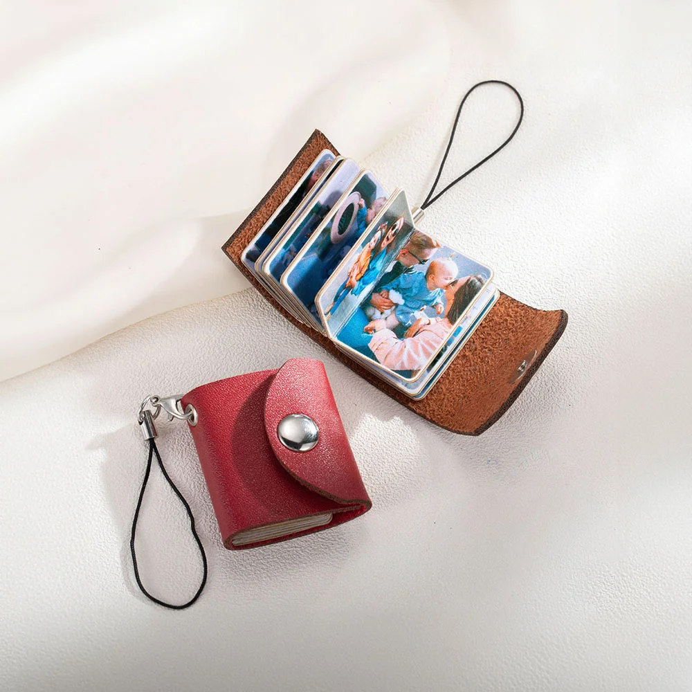 Personalized Mini Leather Memory Photos Album Keychain with 10-14 Photos
