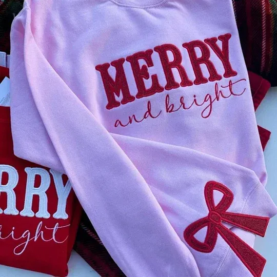 Merry and Bright Embroidered Bow Sweatshirt - Side Bow Applique Sweatshirt 