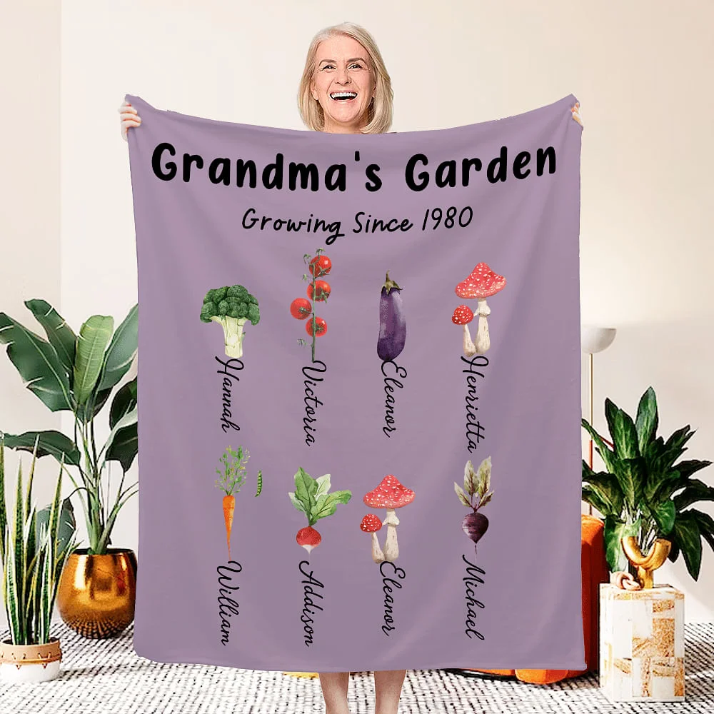 Personalized Multicolor Grandma's Vegetable Garden Throw Soft Blanket with 1-8 Names Birthday Christmas Gift for Mom Grandma