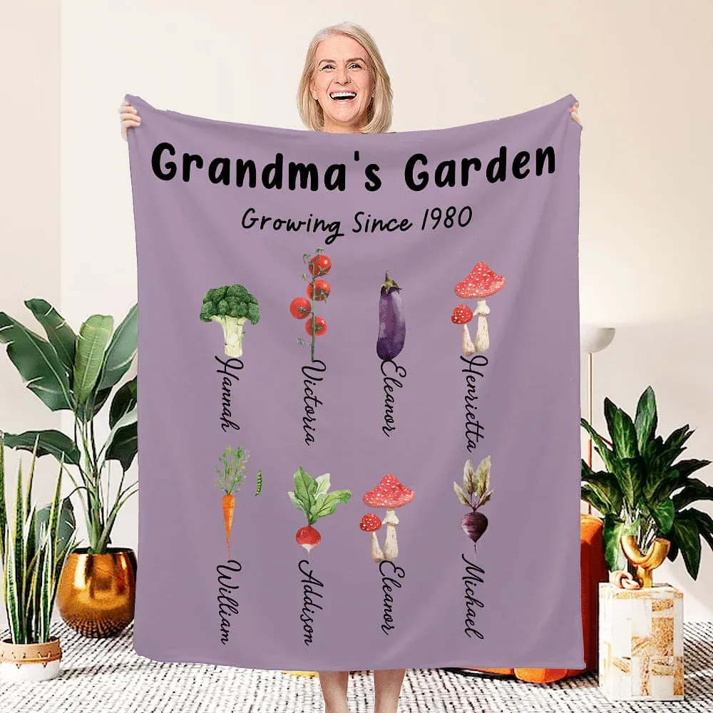 Personalized Multicolor Grandma's Vegetable Garden Throw Soft Blanket with 1-8 Names Birthday Christmas Gift for Mom Grandma