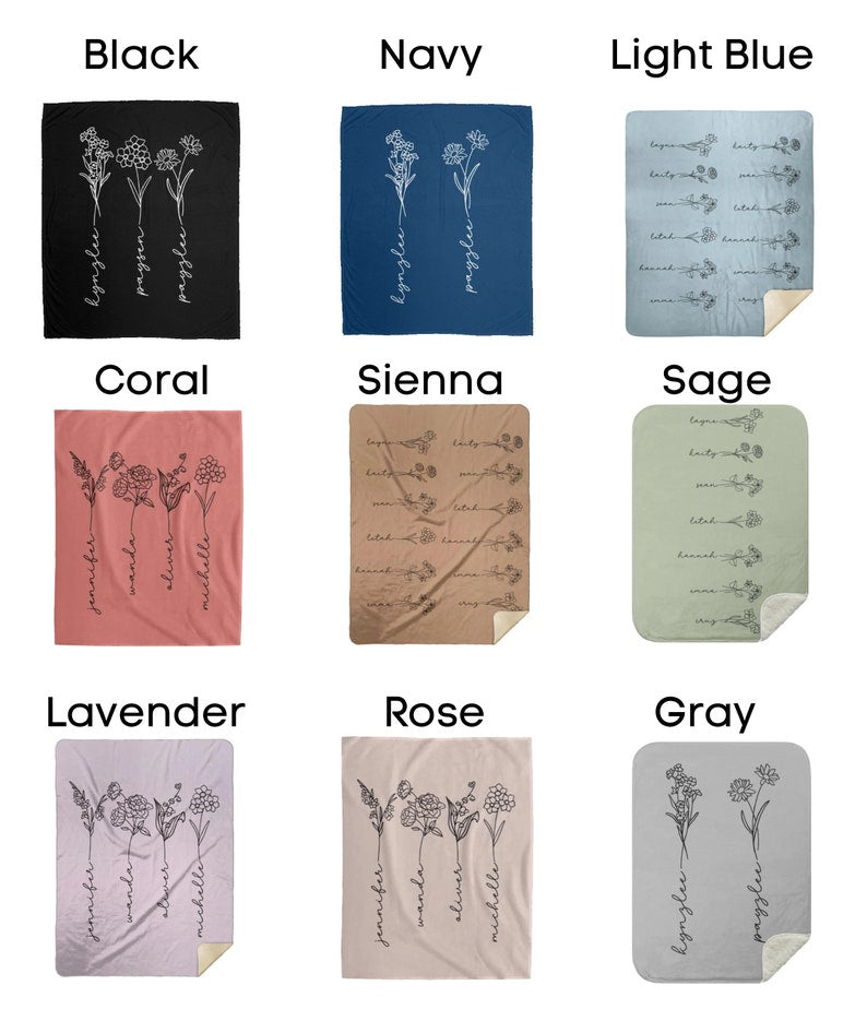 Custom Blanket Birth Month Flower, Wildflower Birthday Gift for Mom, Grandma