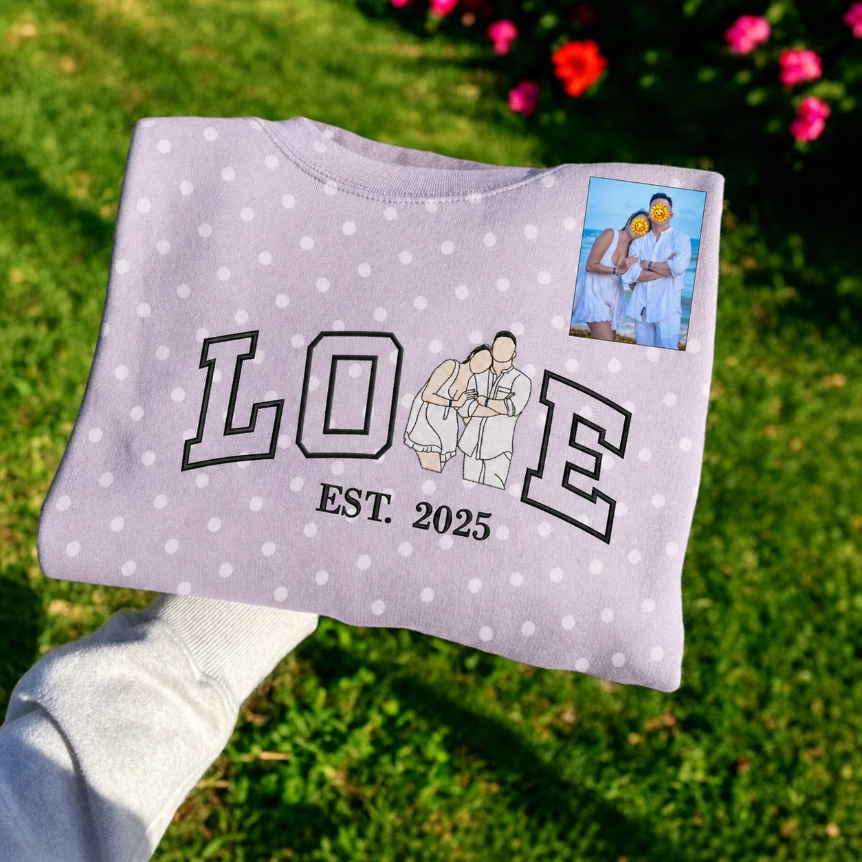 Personalized Polka Dot LOVE Couple Sweatshirt - Custom Photo Embroidered "EST. Year" Hoodie & T-Shirt