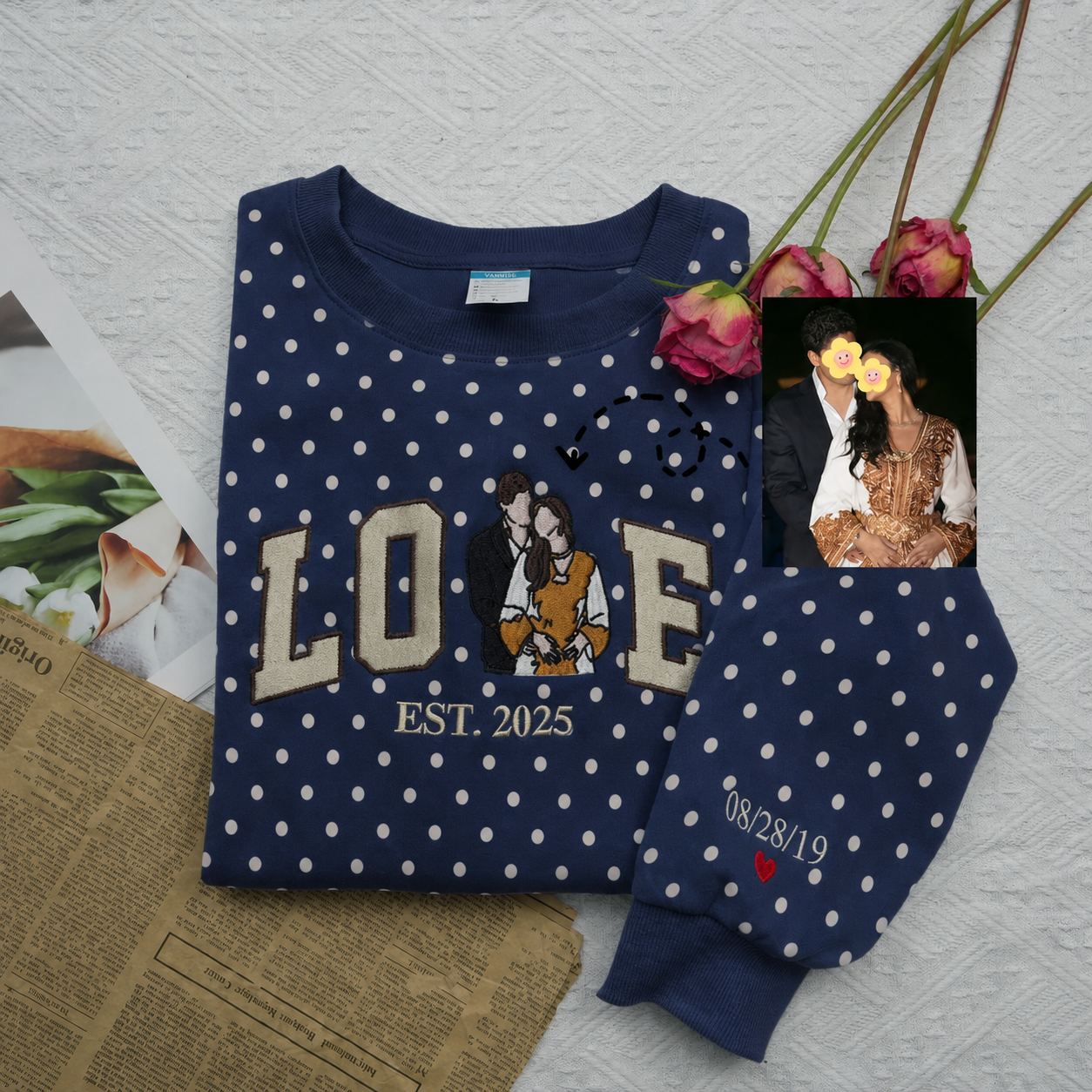 Personalized Polka Dot LOVE Couple Sweatshirt - Custom Photo Embroidered "EST. Year" Hoodie & T-Shirt