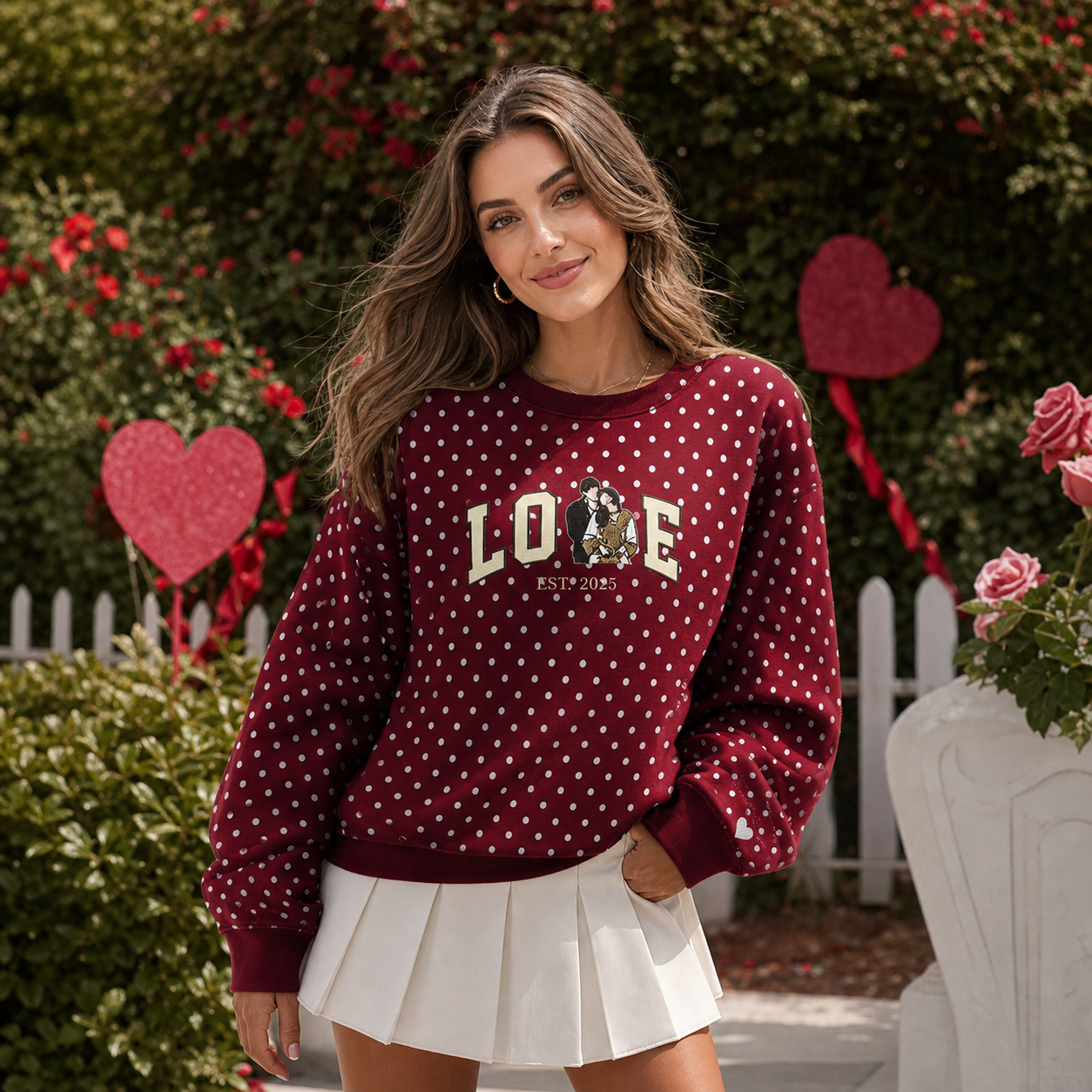 Personalized Polka Dot LOVE Couple Sweatshirt - Custom Photo Embroidered "EST. Year" Hoodie & T-Shirt