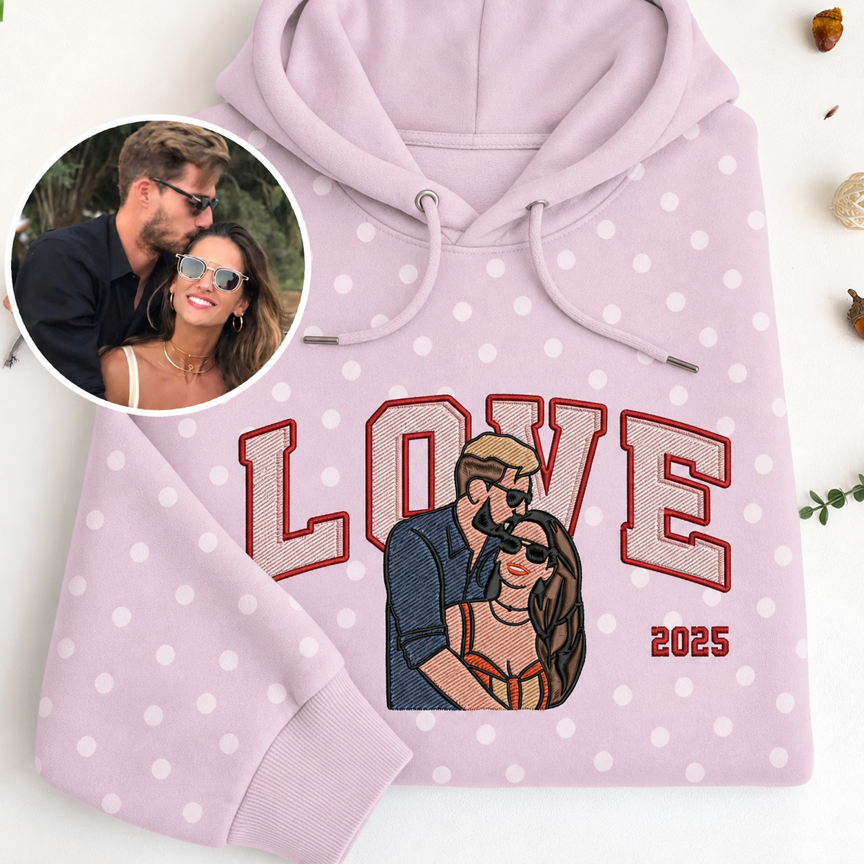 [Copy]Custom Polka Dot Embroidered Portrait Sweatshirt - Personalized Couple Photo Hoodie with Song Lyrics