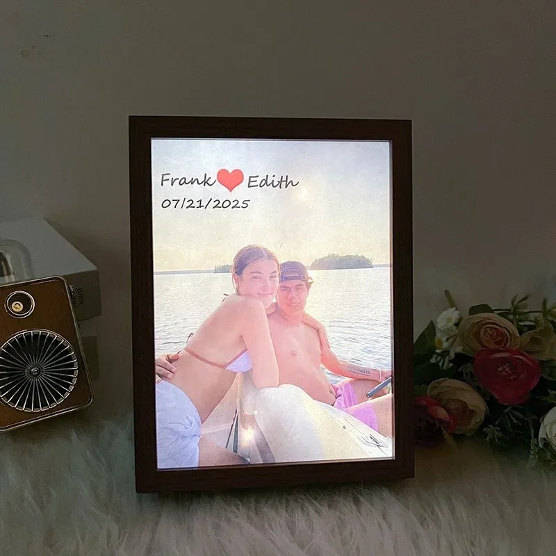 Custom Couple Photo Mirror Light Wooden Box
