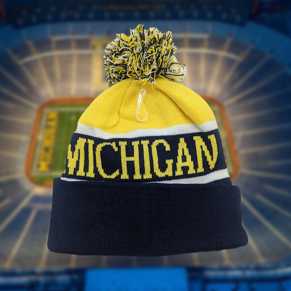 Michigan Winter Beanie Stocking Cap - Pom Pom - Warm, Soft, Knitted - Blue